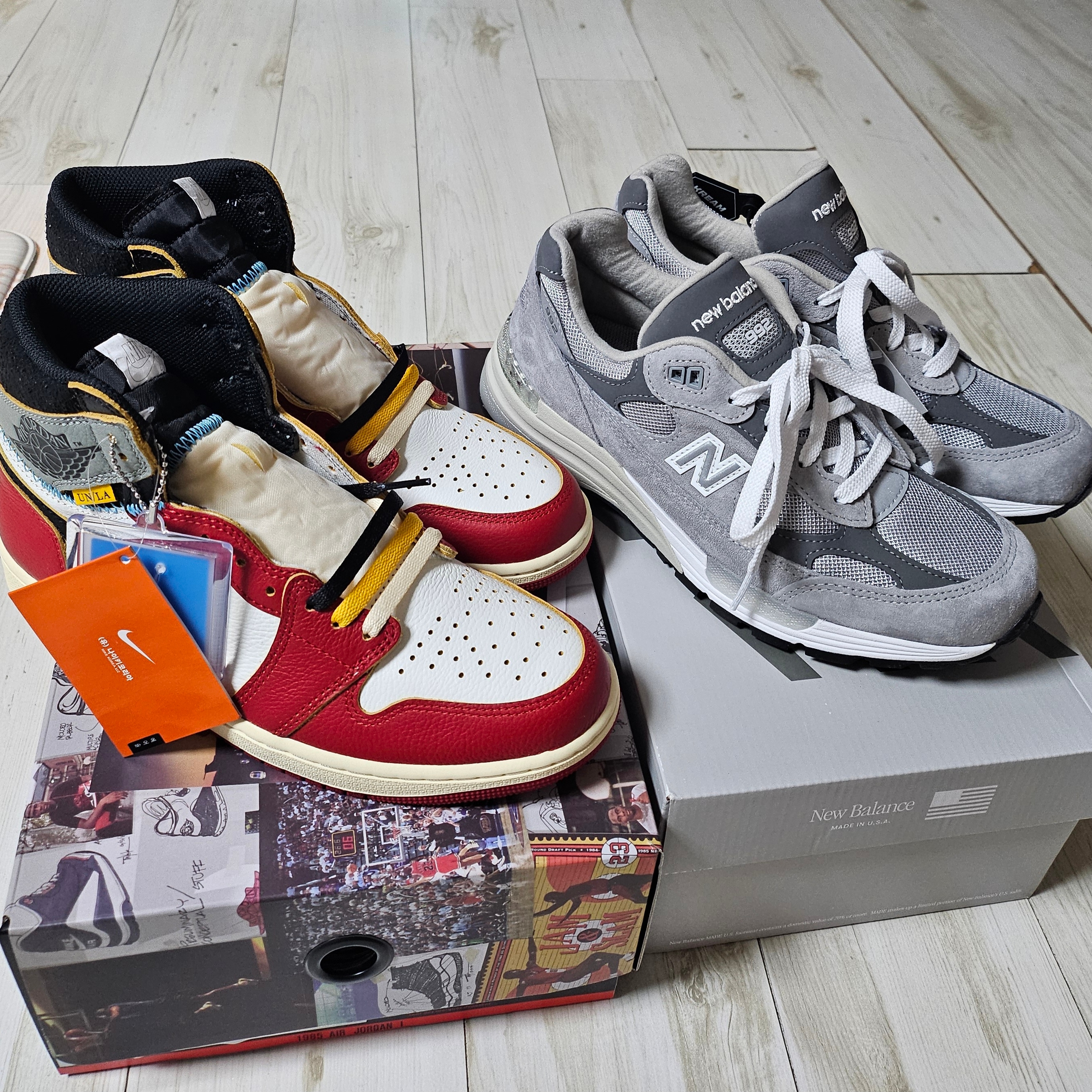 New Balance 992 Made in USA Core Grey Silver Metallic, Jordan 1 x Union Retro High OG Chicago Shadow 착용 스타일 - 2