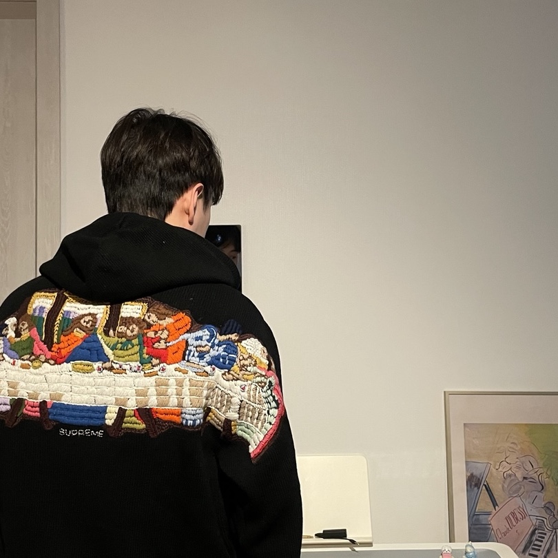 Supreme Last Supper Embroidered Zip Up Hooded Sweater Black - 25SS 착용 스타일