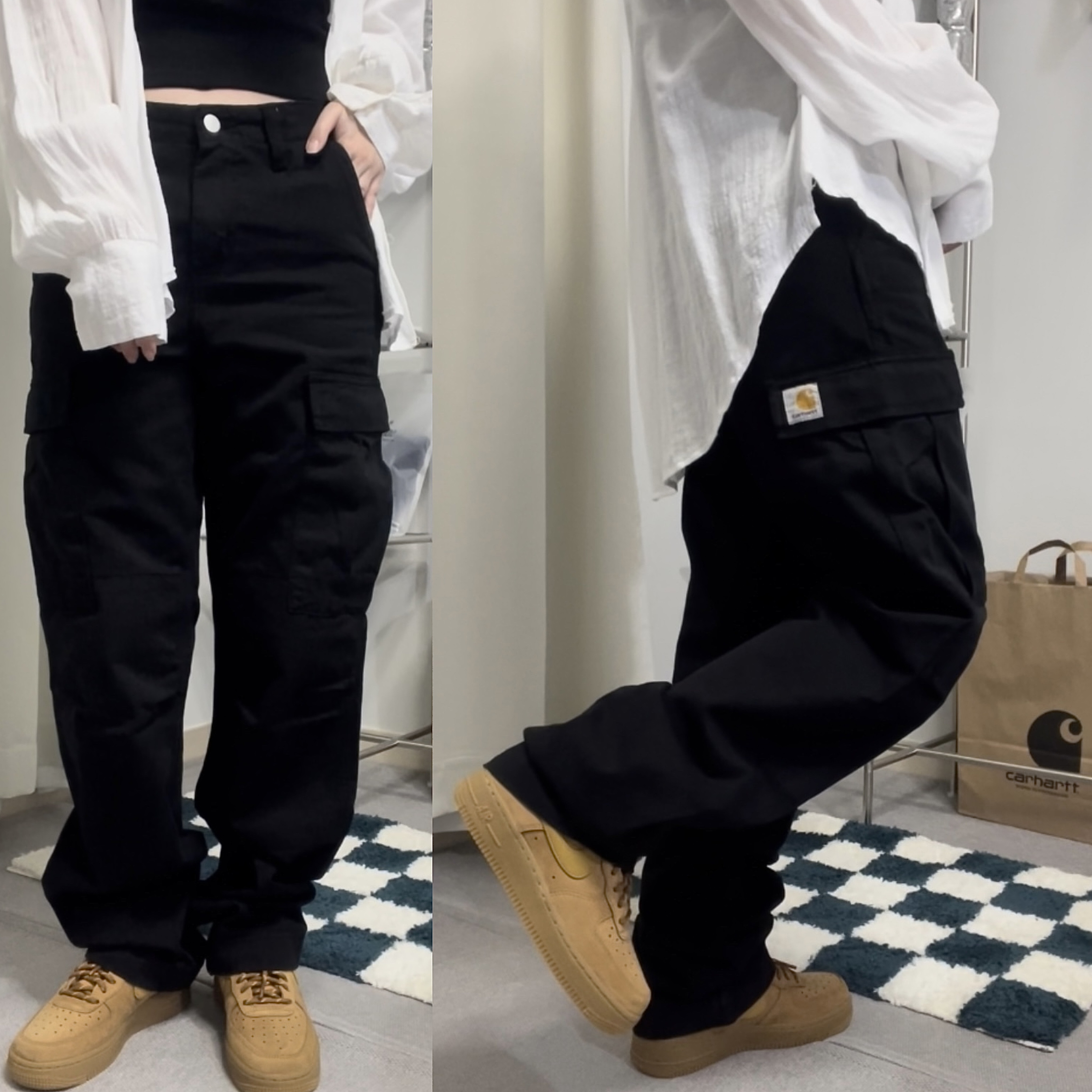 Carhartt WIP Moraga Twill Regular Cargo Pants Black, (W) Nike Air Force 1 '07 WB Flax Wheat 착용 스타일