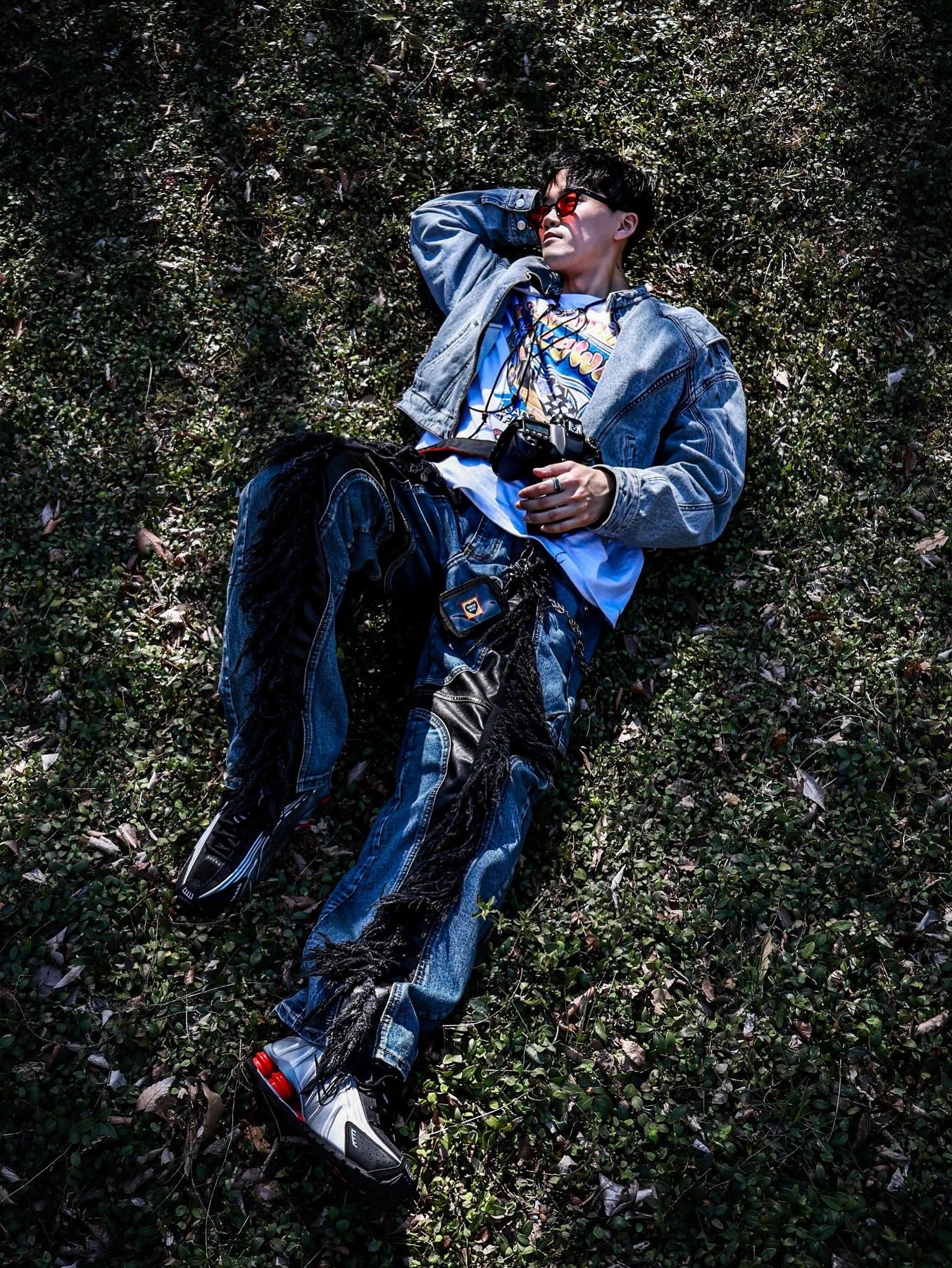 Thug Club Mohican Leather Denim Pants Blue Black - 24FW, Human Made Acrylic Heart Keyring Green 착용 스타일 - 4