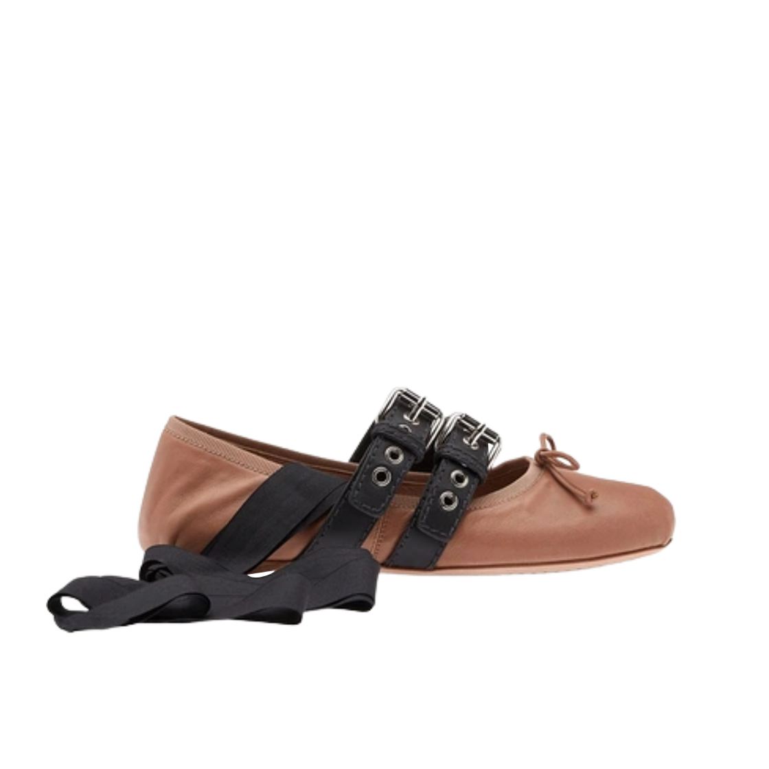 (W) 미우 미우 벨트 장식 나파 레더 발레리나 누드 네로((W) Miu Miu Nappa Leather Ballerinas with Belts Nude Nero)