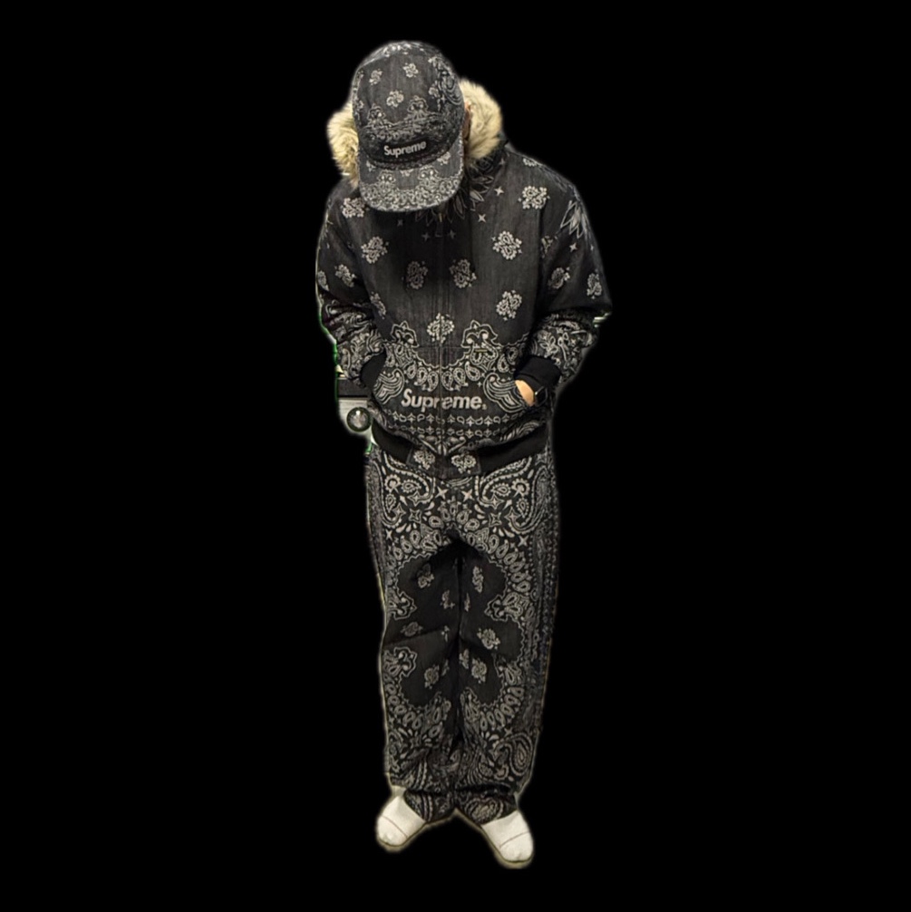 Supreme Bandana Jacquard Denim Hooded Work Jacket Black - 25SS, Supreme Bandana Jacquard Denim Camp Cap Black - 25SS 착용 스타일