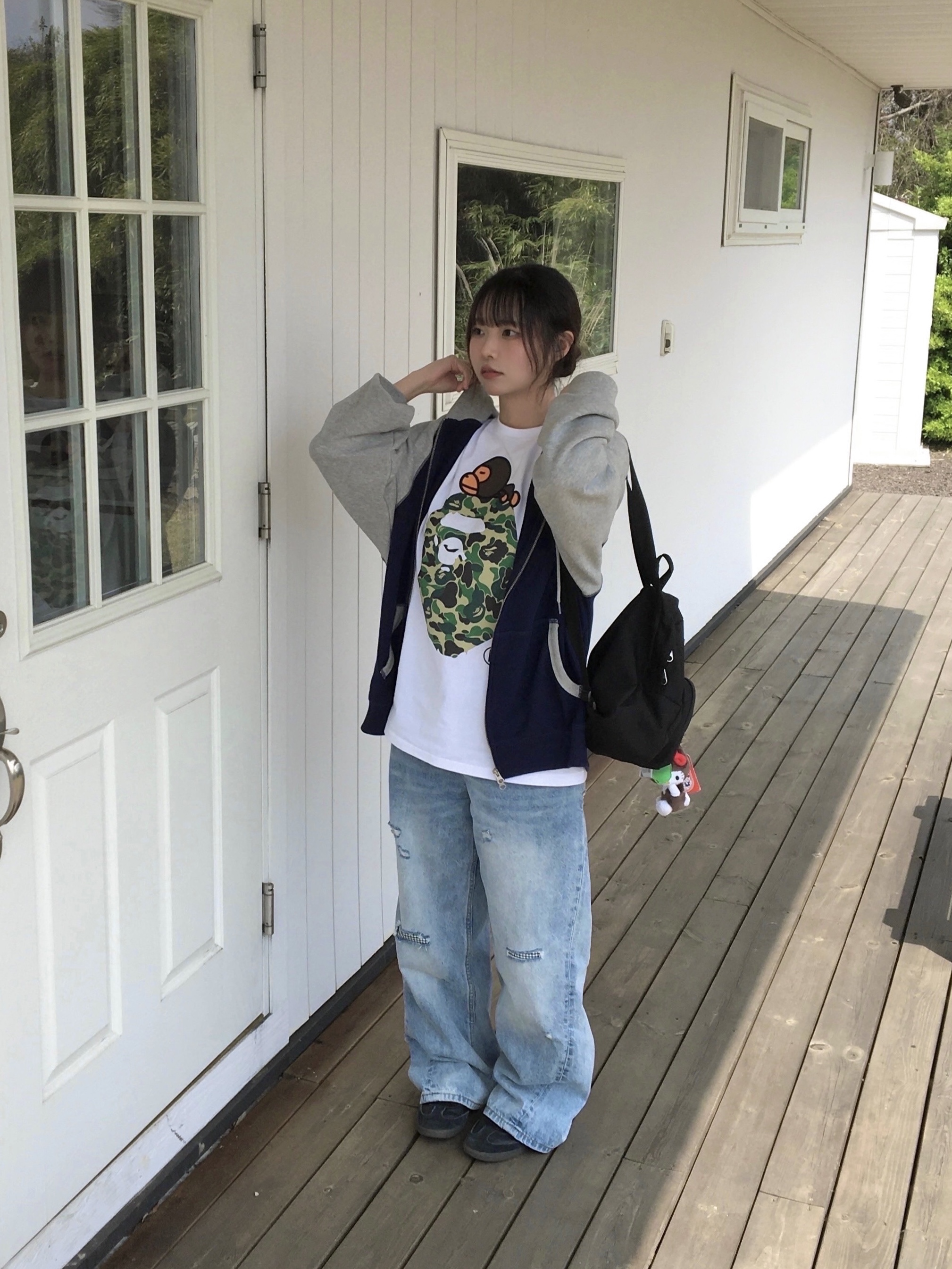 BAPE ABC Camo Milo on Big Ape T-Shirt White Green, AEAE Check Patchwork Denim Pants Light Blue 착용 스타일