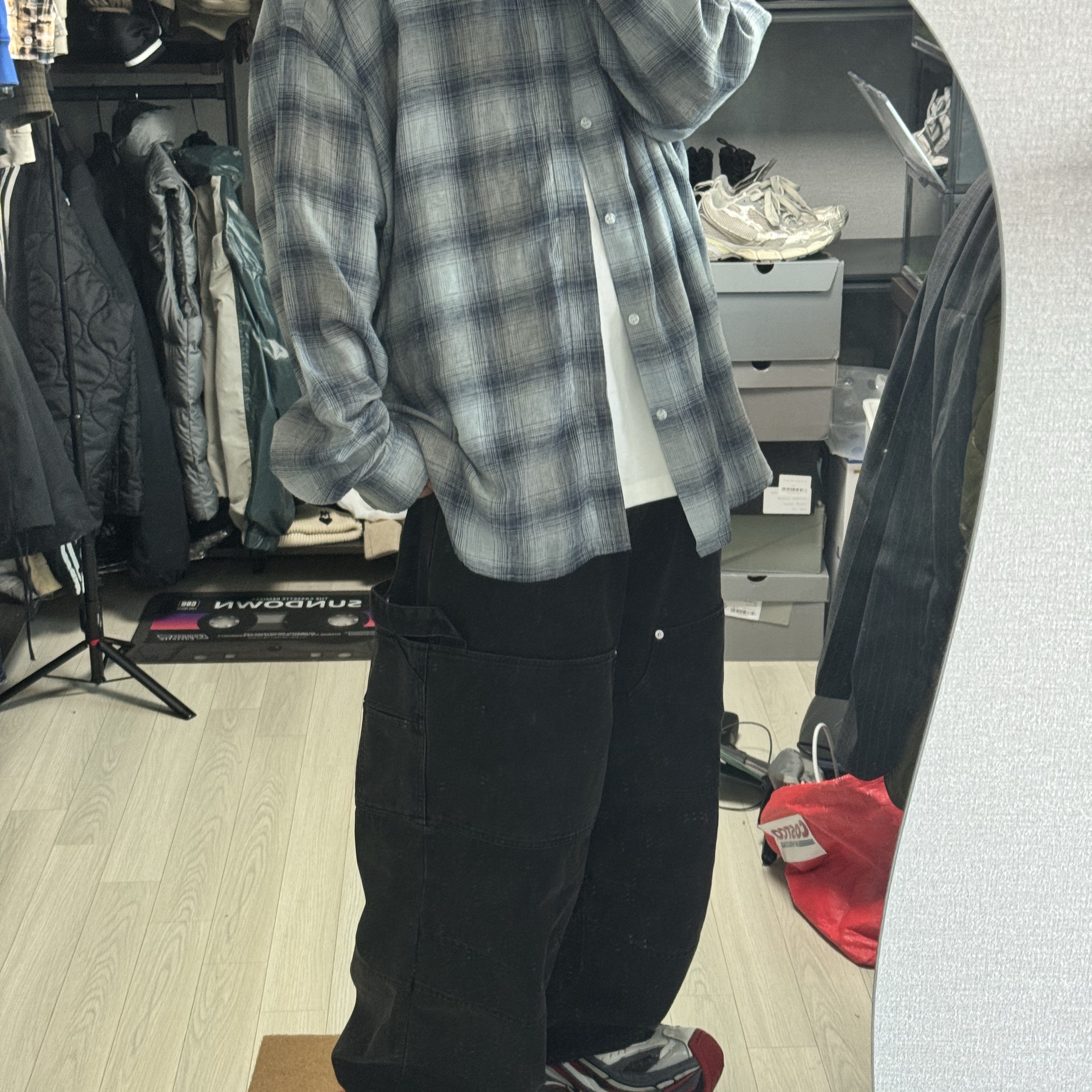 논노드 플렉서블 스트링 체크 셔츠 재패니즈 린넨 블루, 카미엔 x MJD 더블 홀 벨트 오레오 카프 헤어 착용 스타일 - 1