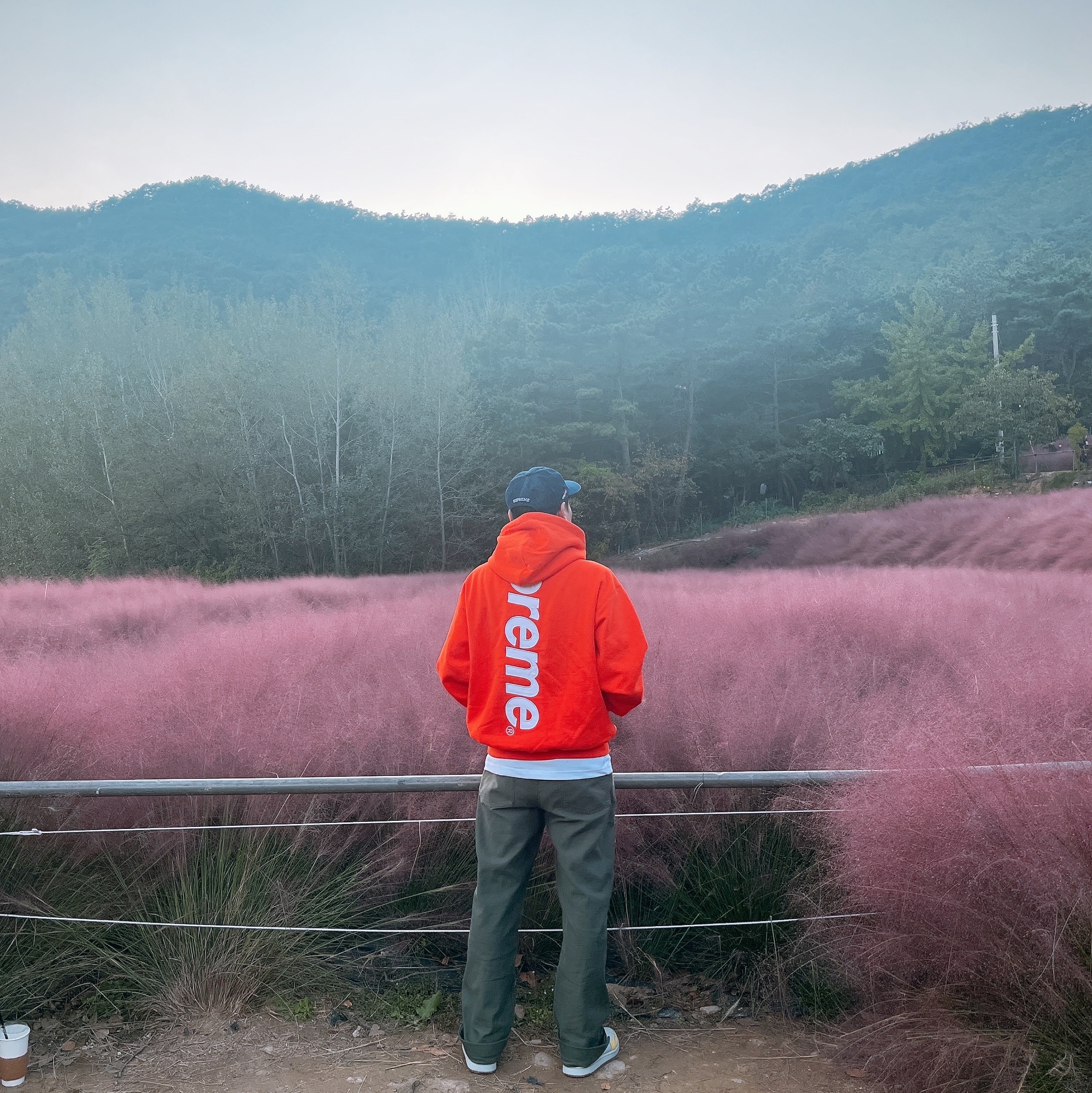 Supreme Cordura Denim Small Box 6-Panel Blue - 24SS, Supreme Satin Applique Hooded Sweatshirt Bright Orange - 24FW 착용 스타일