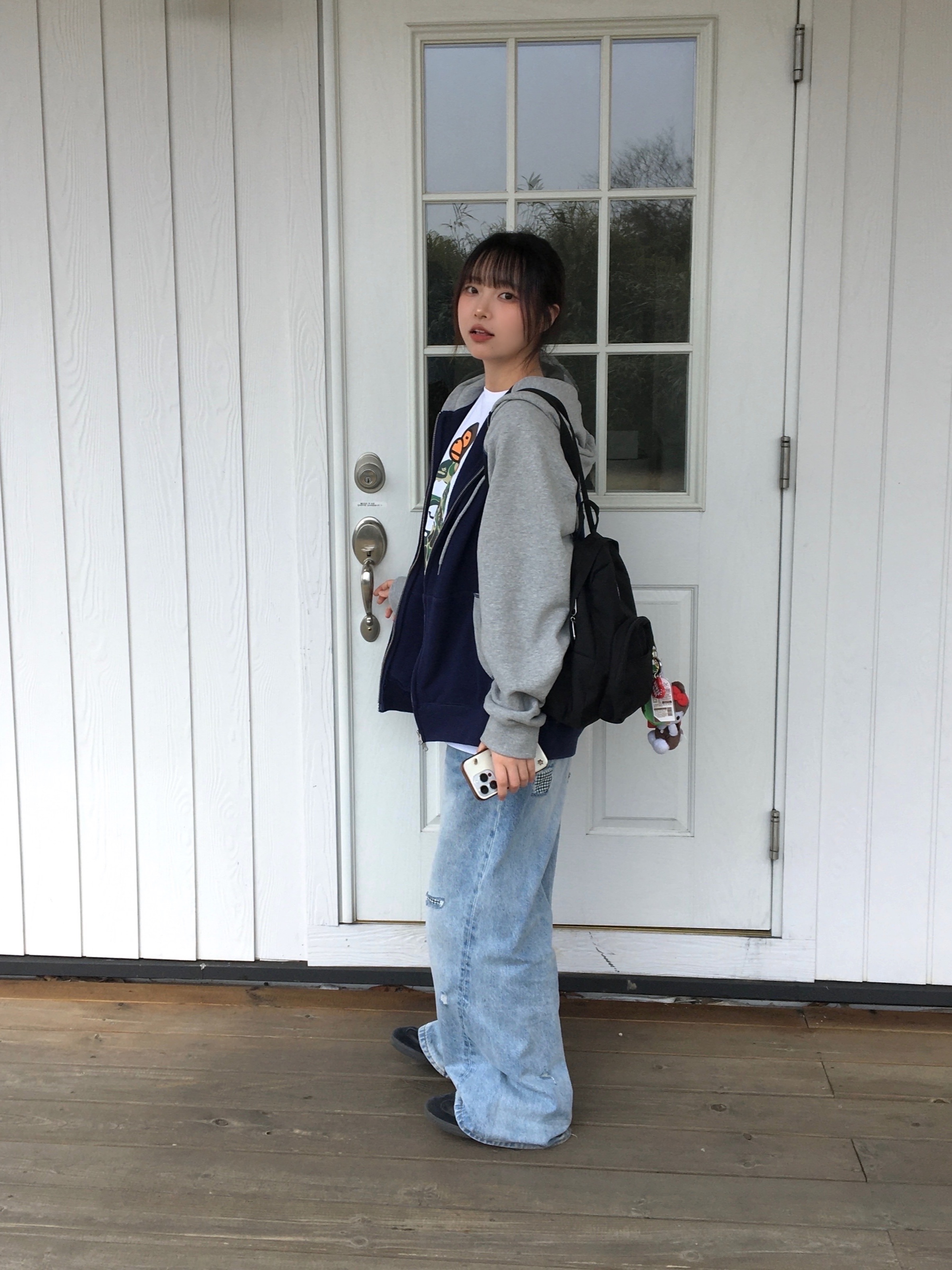 BAPE ABC Camo Milo on Big Ape T-Shirt White Green, AEAE Check Patchwork Denim Pants Light Blue 착용 스타일