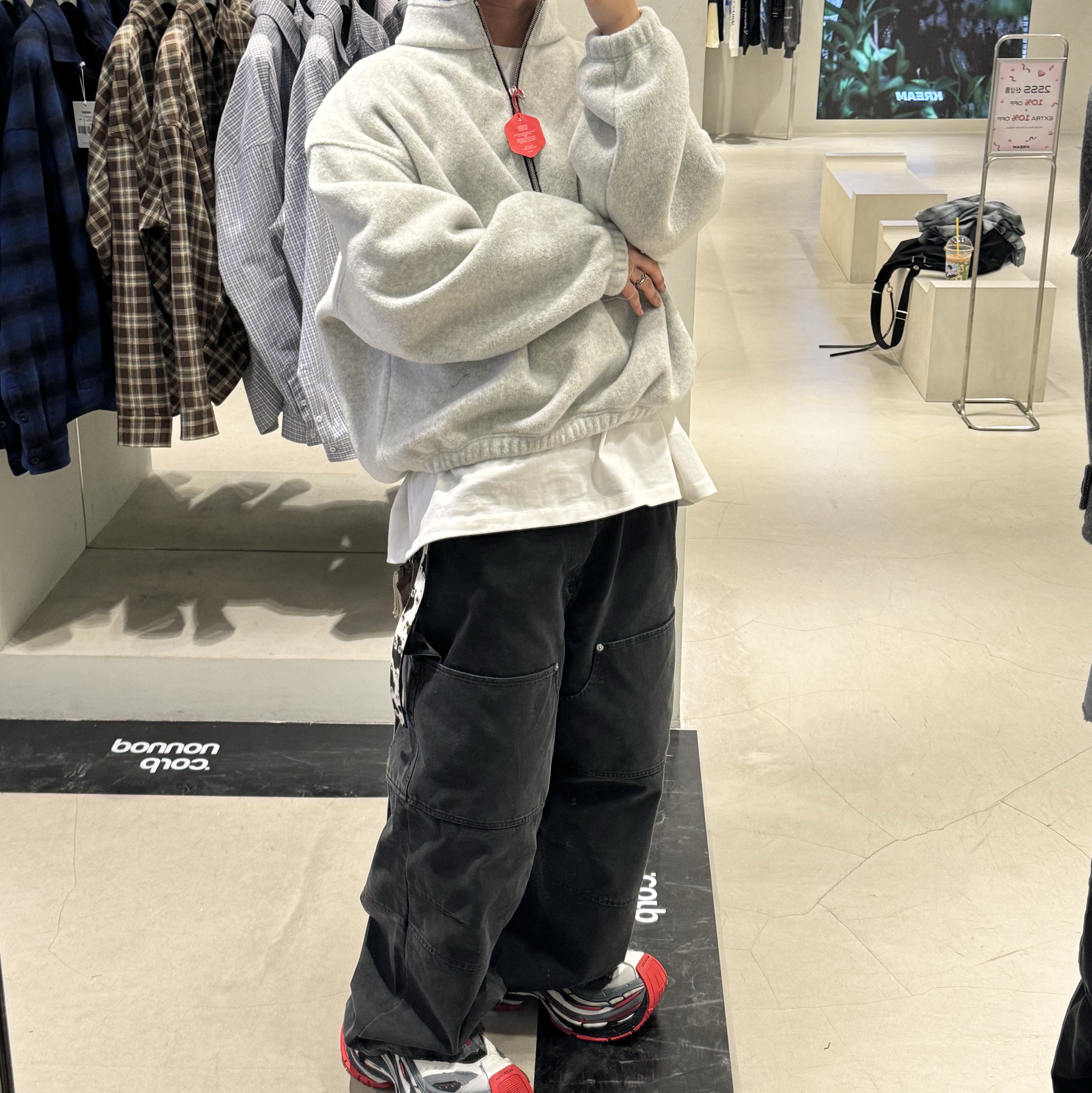 논노드 플렉서블 스트링 체크 셔츠 재패니즈 린넨 블루, 카미엔 x MJD 더블 홀 벨트 오레오 카프 헤어 착용 스타일 - 2