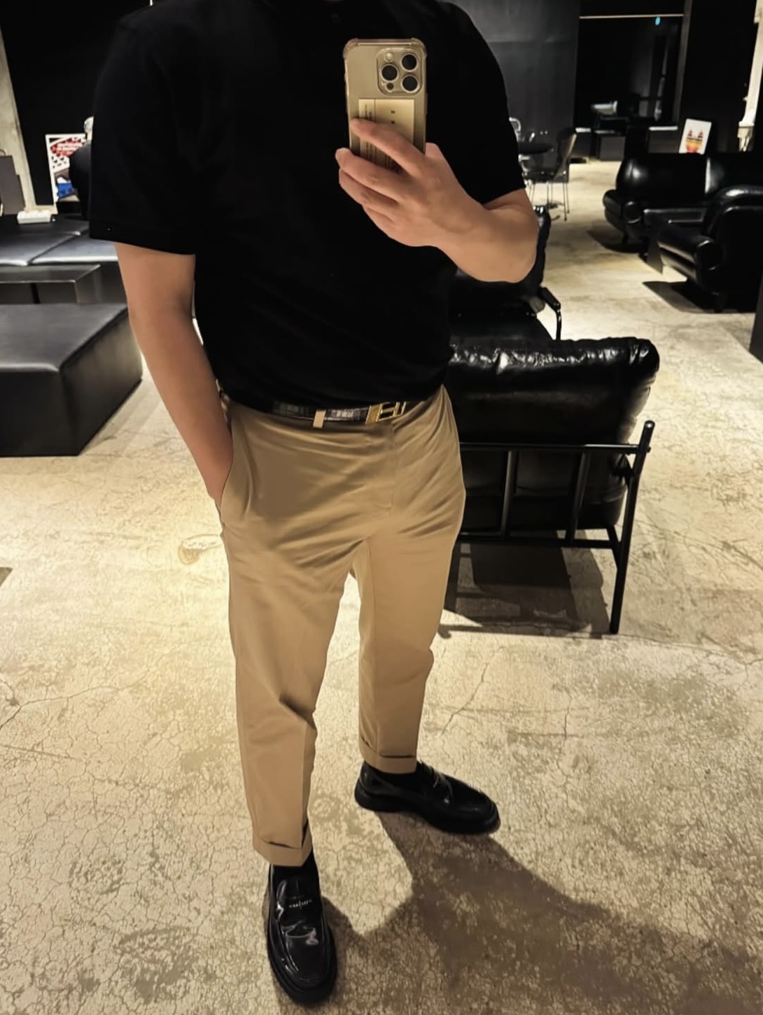 Cole Haan x Fragment American Classics Penny Loafer Black, Tom Ford Reversible T Belt Black 착용 스타일 - 3