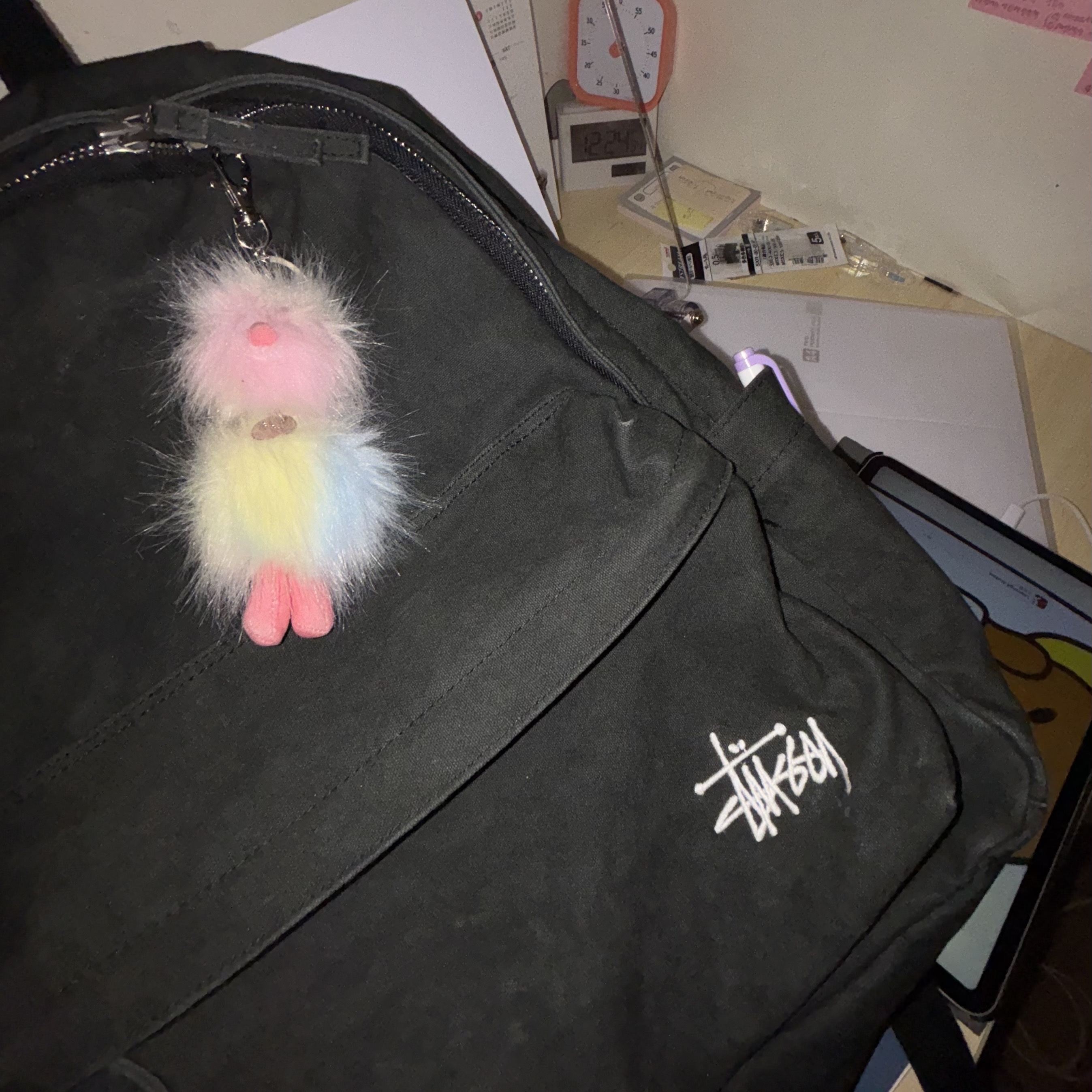 Stussy Canvas Backpack Washed Black, Cosymosy Mini Bird Bird Keyring Rainbow 착용 스타일