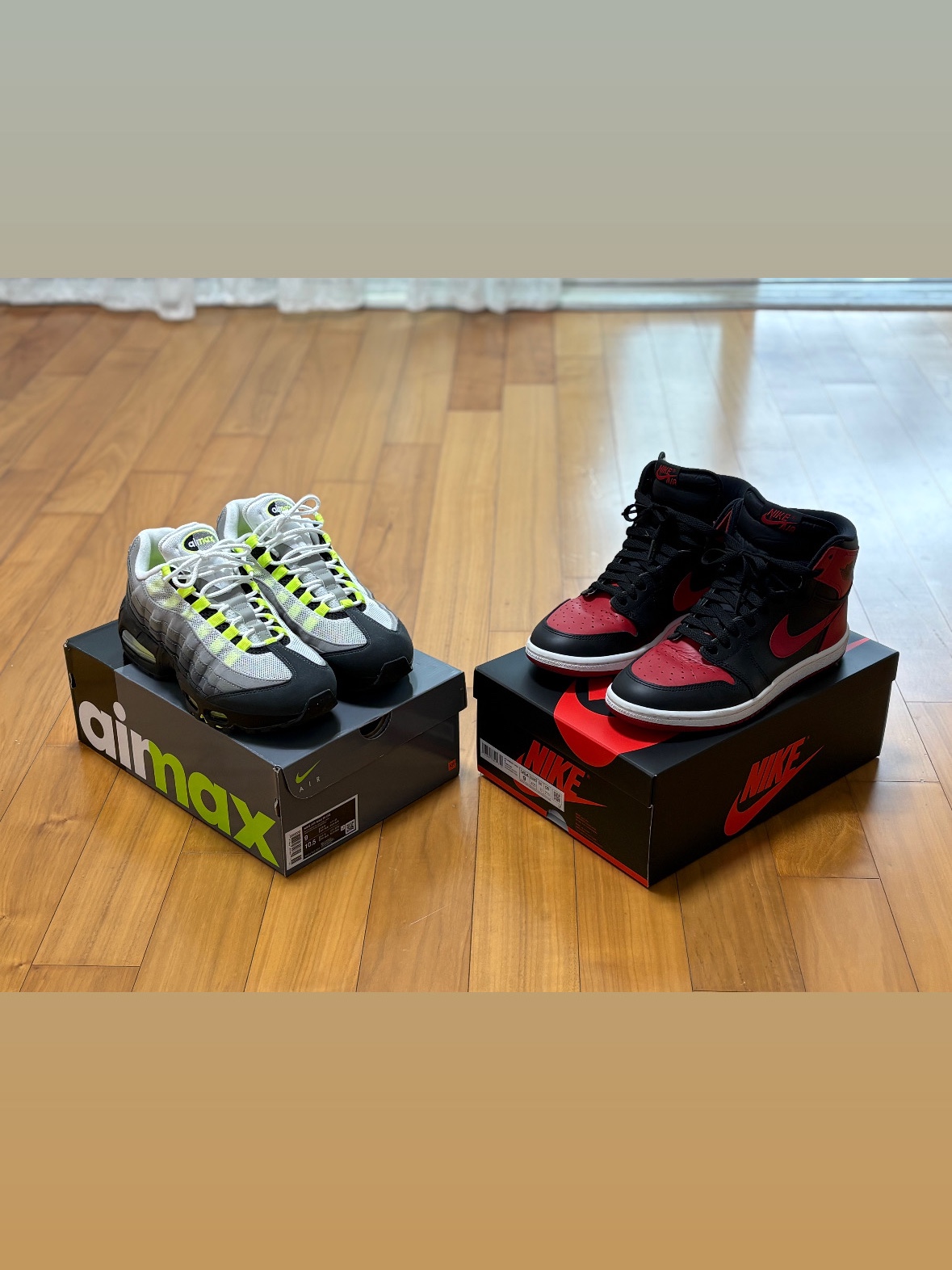 Nike Air Max 95 OG Neon, Jordan 1 High 85 Bred 착용 스타일 - 2