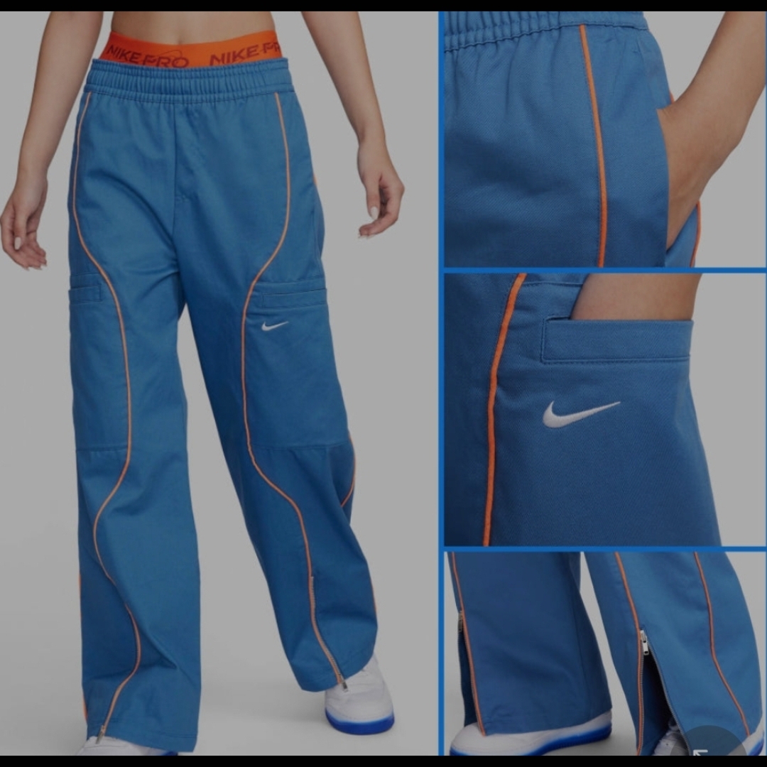 (W) Nike NSW High Waisted Woven Pants Star Blue Bright Mandarin - Asia 착용 스타일