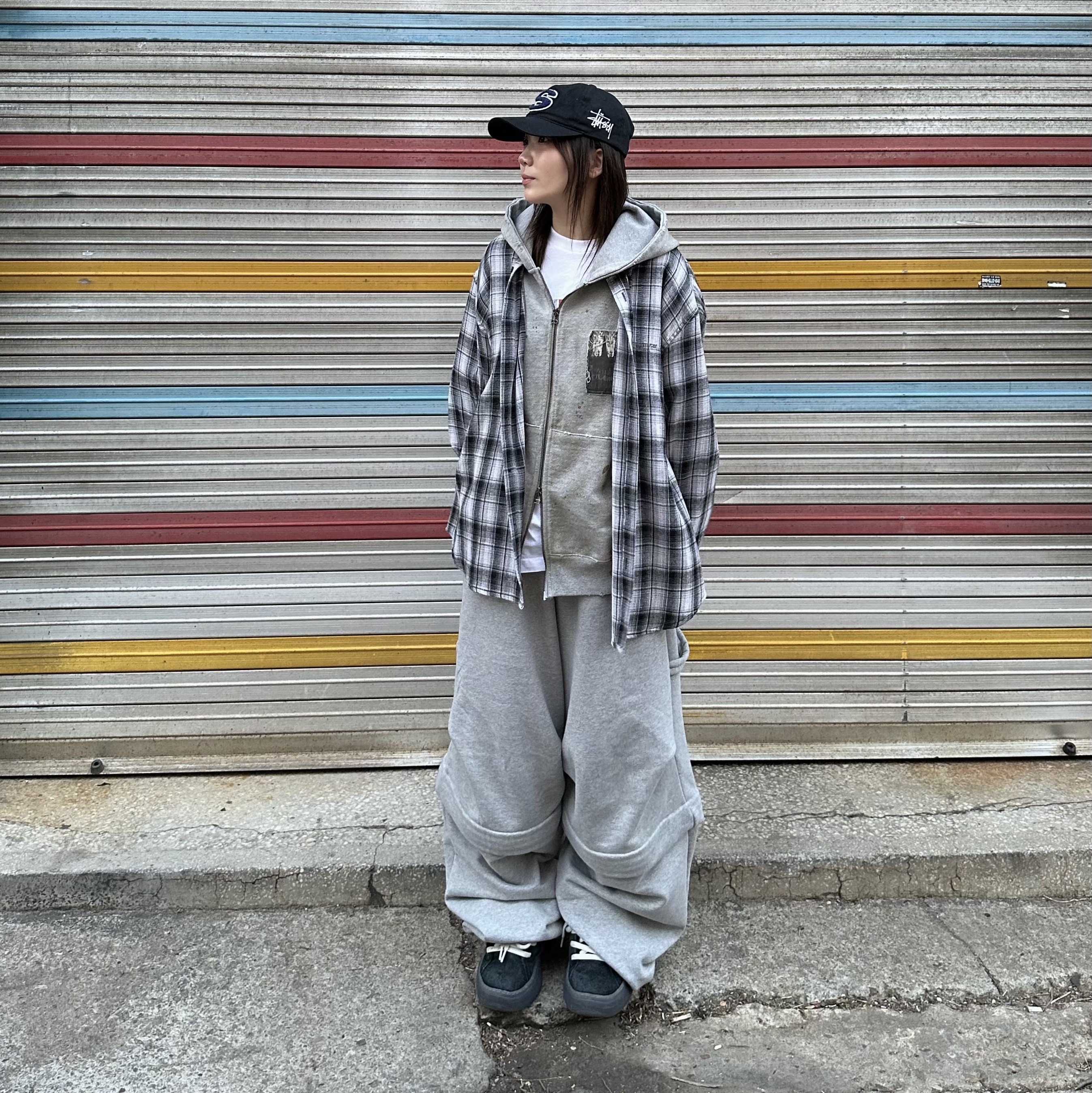 Undermycar Mu.75 Anti Fxxking Logo Play Basic Long Sleeve Flannel Shirts Burgundy Black, Stussy Chenille S Low Pro Cap Black 착용 스타일 - 1