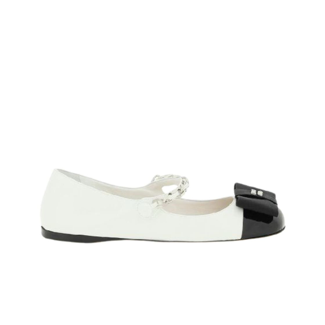 (W) 미우 미우 보우 체인 스트랩 플랫 화이트 블랙((W) Miu Miu Bow Chain Straps Flats White Black)