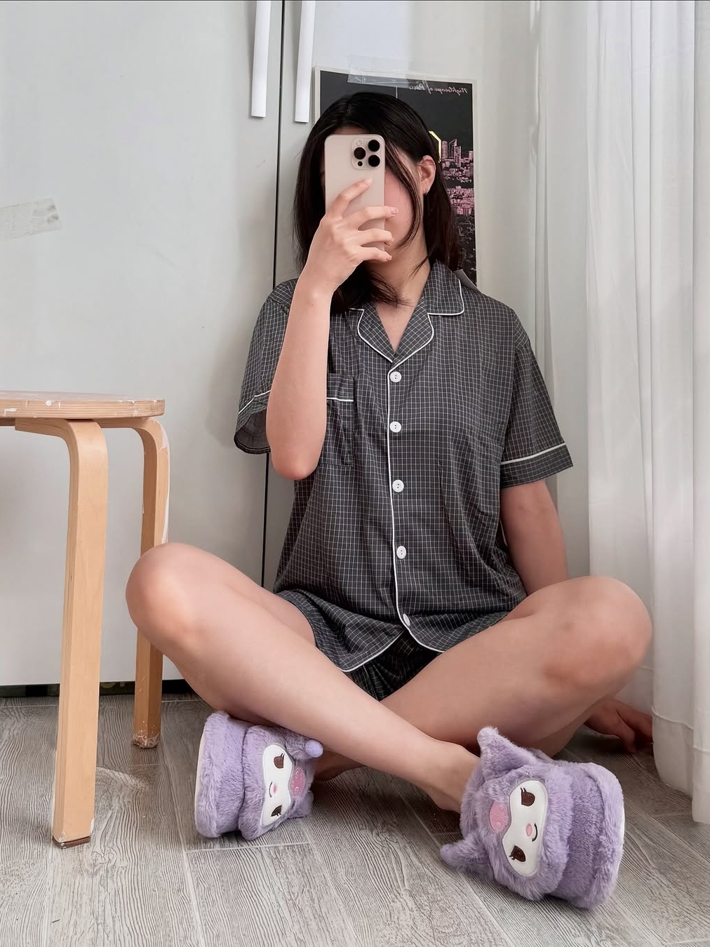 [3% 적립] (W) Aone Cold Check Short Sleeve Pajama Set Gray Check 착용 스타일 - 6
