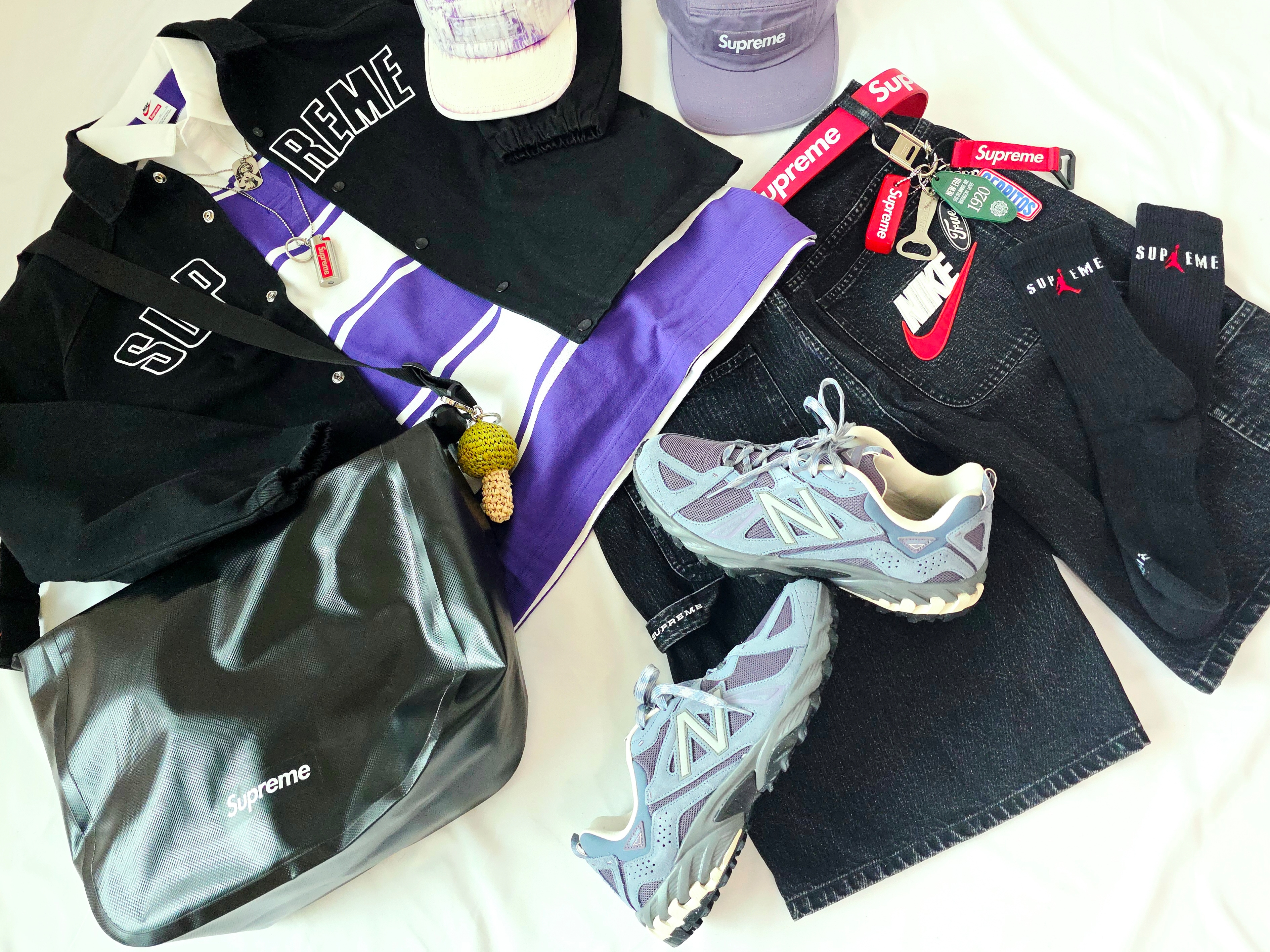 Supreme x Nike Stripe Rugby Purple - 25SS, Supreme Bleached Chino Camp Cap Purple - 24SS 착용 스타일 - 4