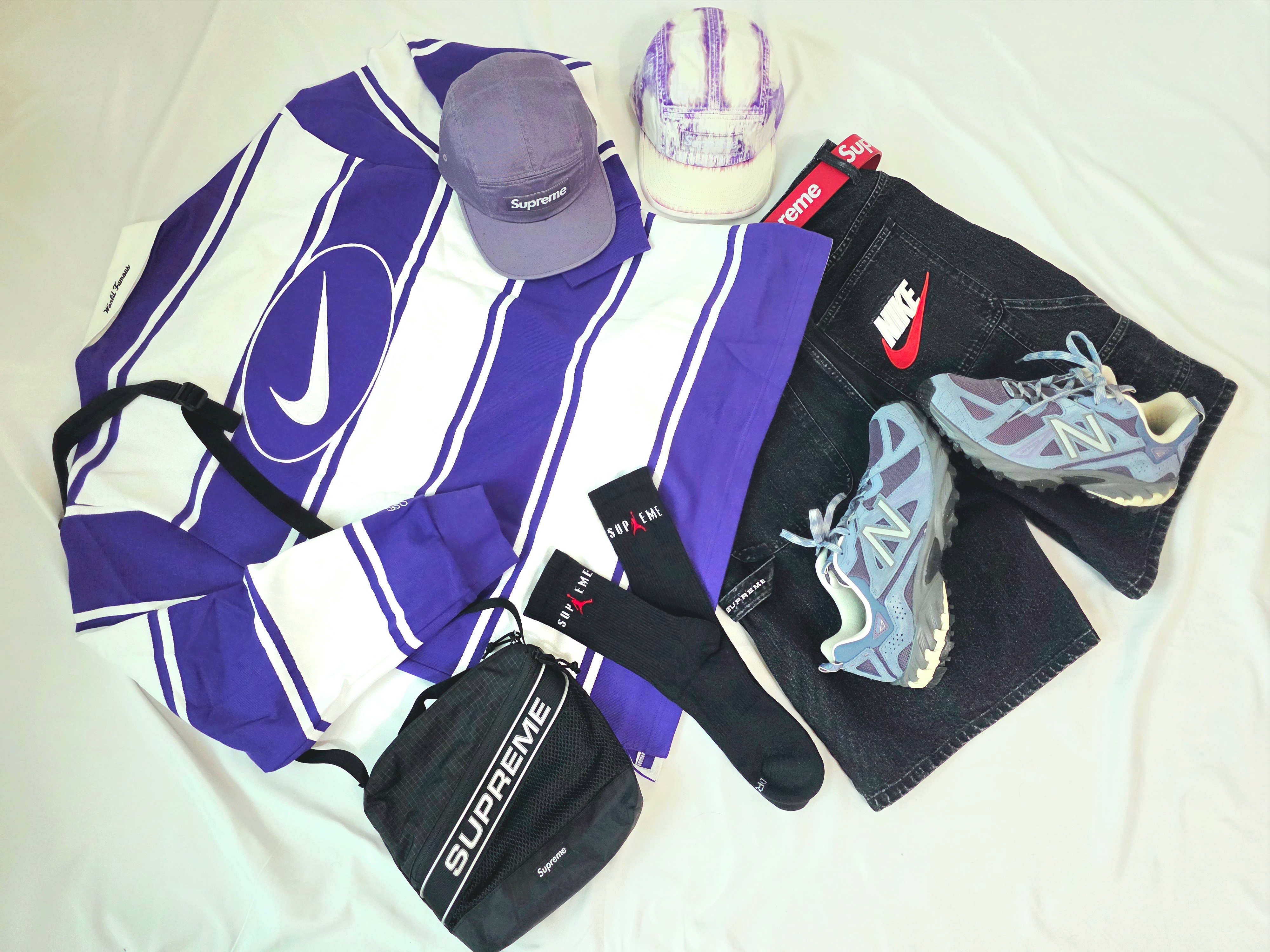 Supreme x Nike Stripe Rugby Purple - 25SS, Supreme Bleached Chino Camp Cap Purple - 24SS 착용 스타일 - 1