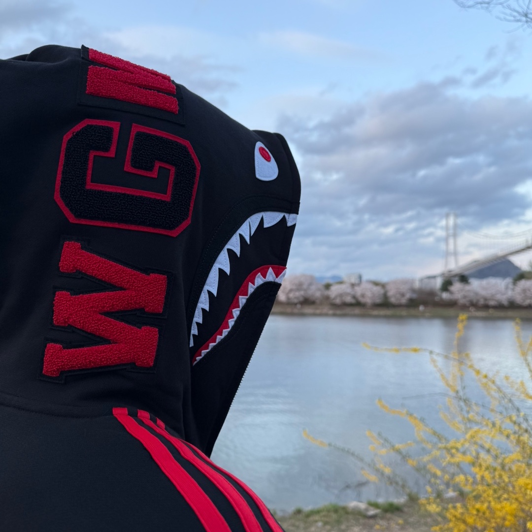 Adidas x BAPE Ultimate Shark Hoodie Black - KR Sizing, Prada Re-Nylon and Saffiano Leather Shoulder Bag Black 착용 스타일 - 2
