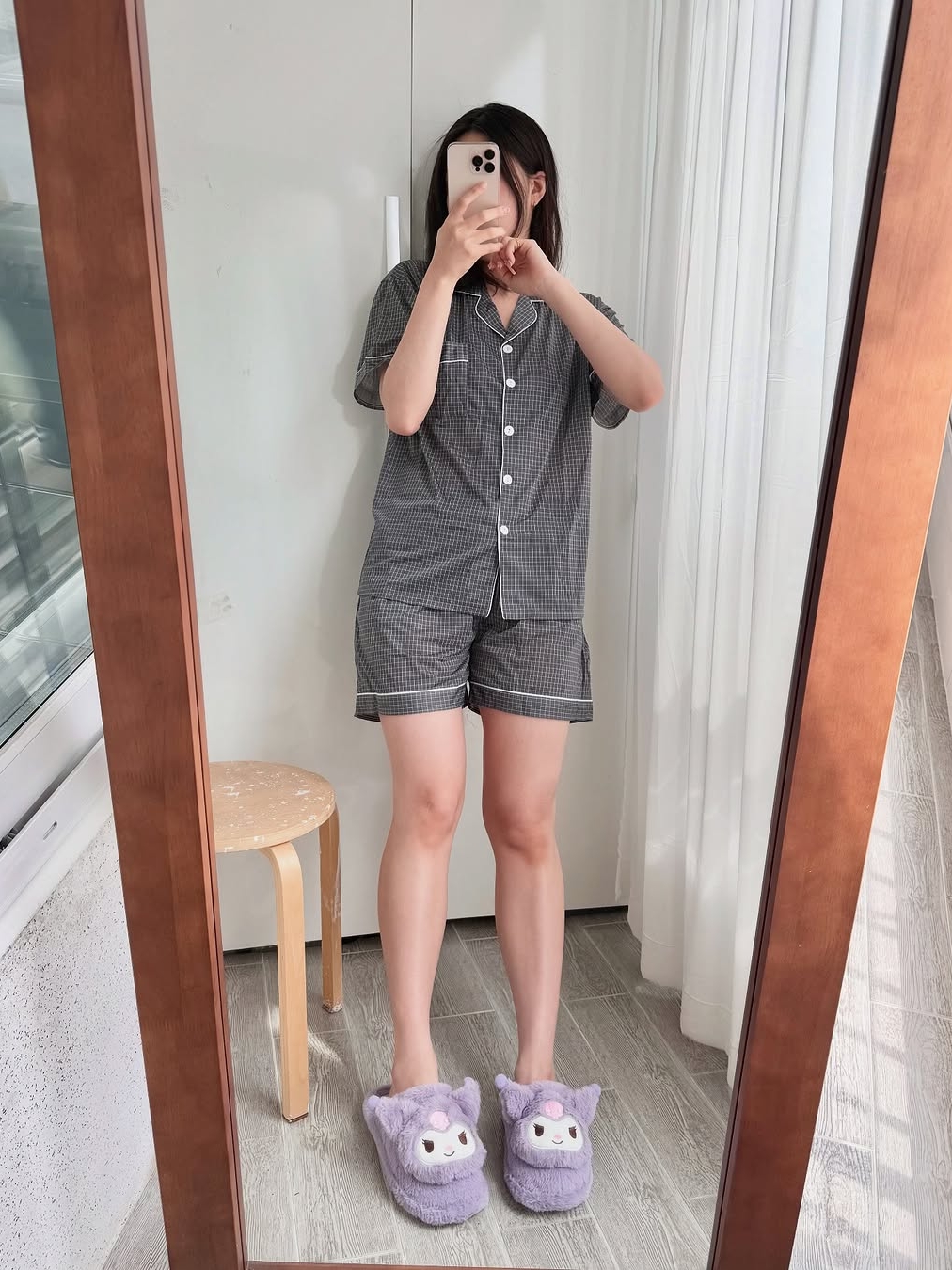 [3% 적립] (W) Aone Cold Check Short Sleeve Pajama Set Gray Check 착용 스타일 - 4