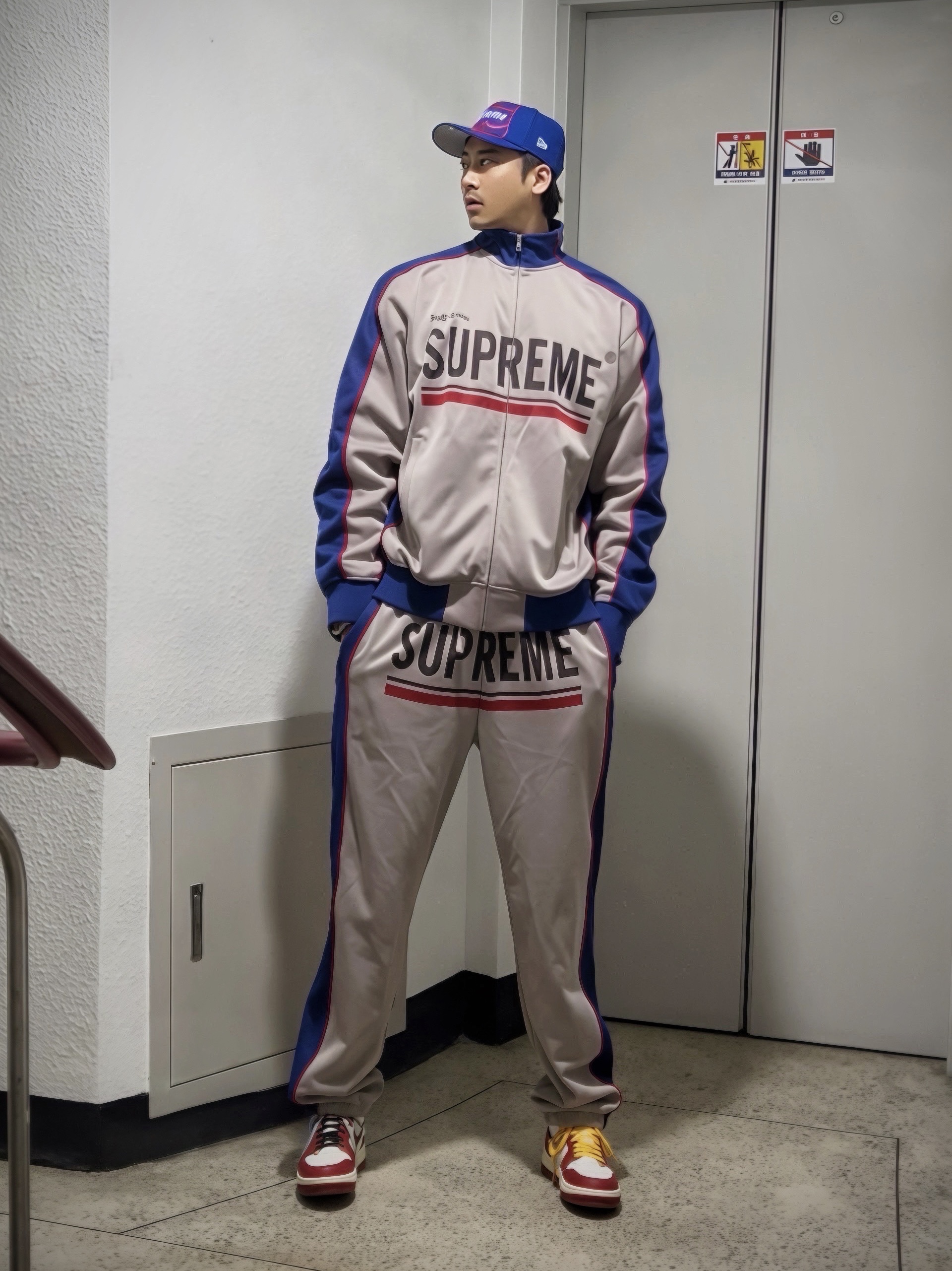Supreme Bones Box Logo New Era Royal - 25SS, Supreme World Famous Jacquard Track Jacket Stone - 22FW 착용 스타일 - 1