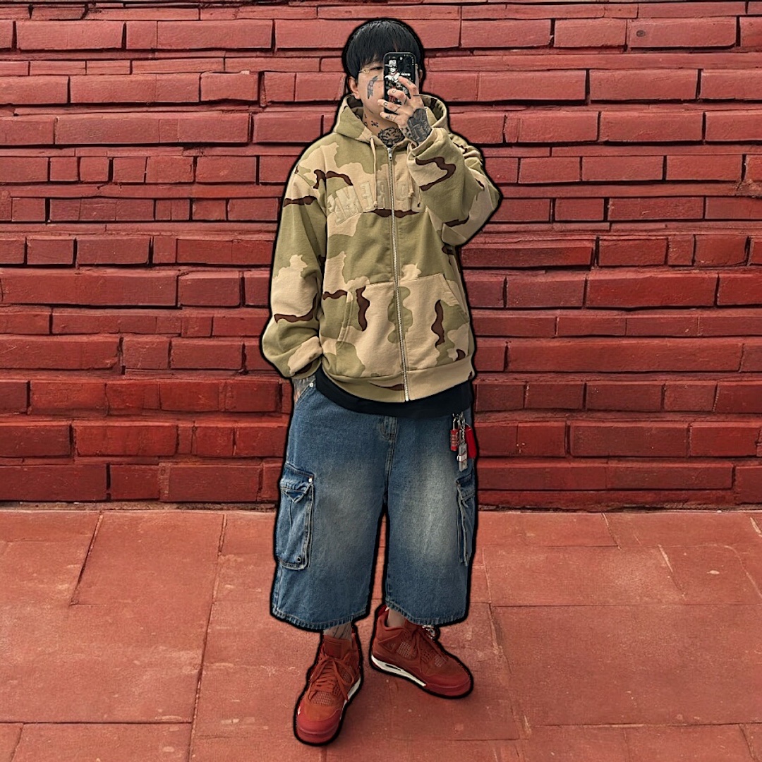 Jordan 4 x Nigel Sylvester Retro OG SP Brick by Brick, Supreme Arc Thermal Lined Zip Up Hooded Sweatshirt Desert Camo - 24FW 착용 스타일
