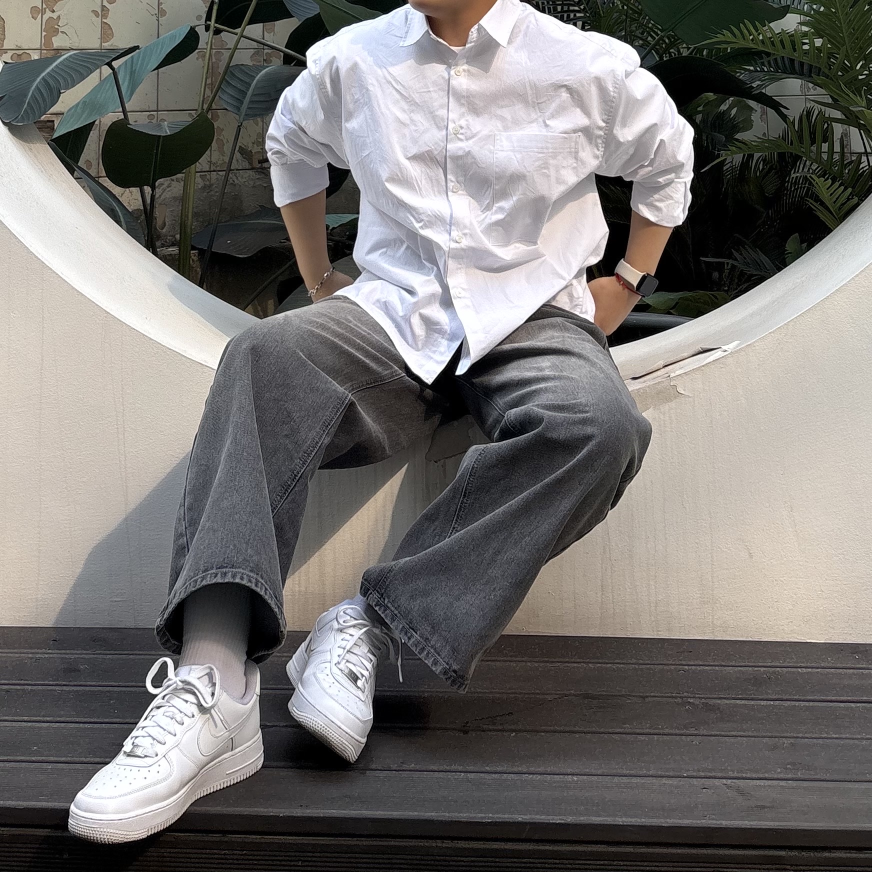 (W) Nike Air Force 1 '07 Low White, Gucci Interlocking G Bracelet Silver 착용 스타일