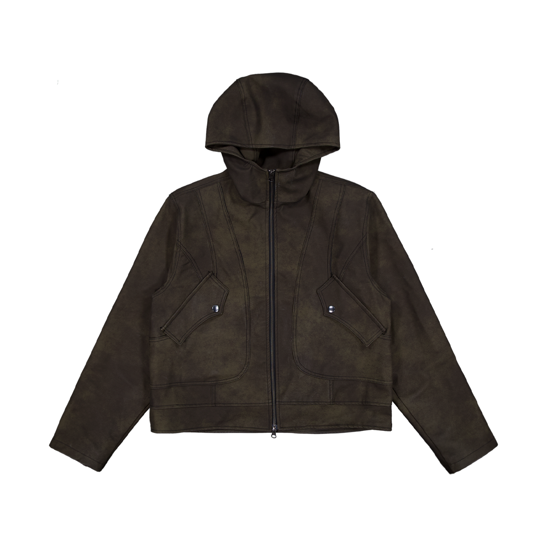 풀오브썬 커브드 후드 레더 자켓 카키 블랙(Full of Ssun Curved Hood Leather Jacket Khaki Black)