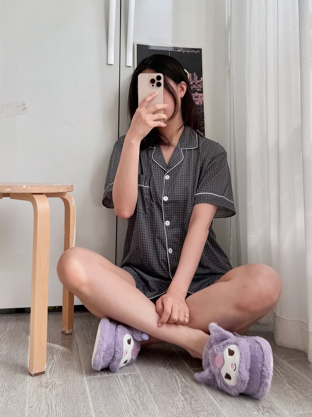 [3% 적립] (W) Aone Cold Check Short Sleeve Pajama Set Gray Check 착용 스타일 - 5