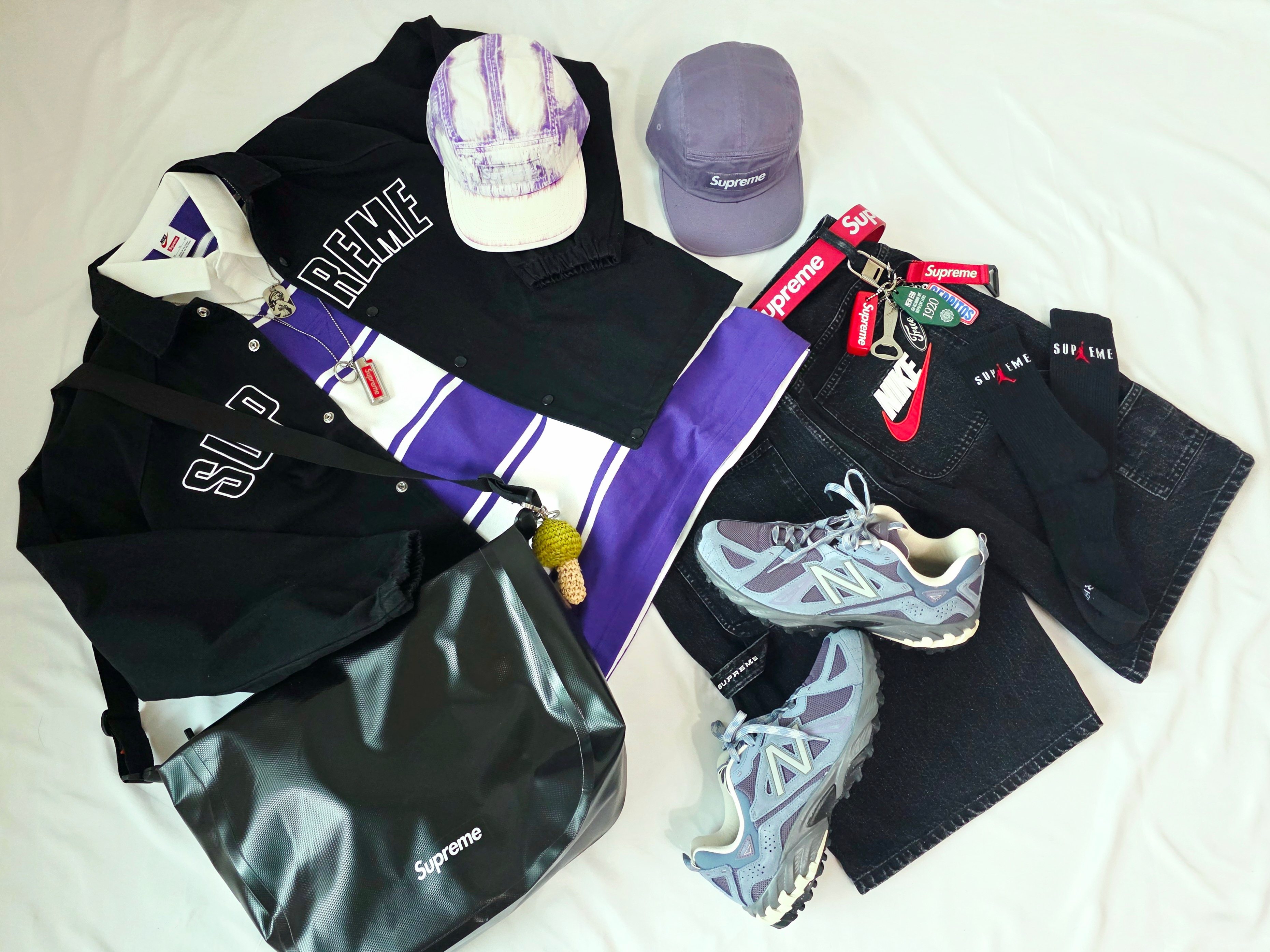 Supreme x Nike Stripe Rugby Purple - 25SS, Supreme Bleached Chino Camp Cap Purple - 24SS 착용 스타일 - 2