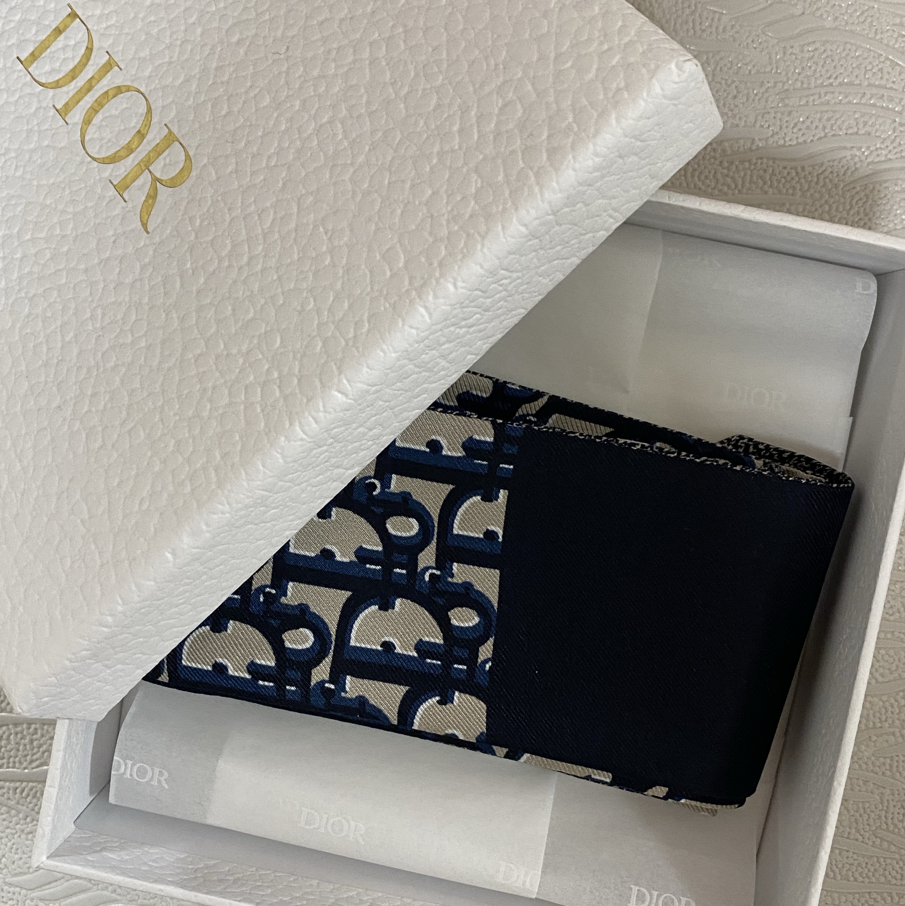 (W) Dior Oblique Mitzah Scarf Silk Twill Navy Blue 착용 스타일