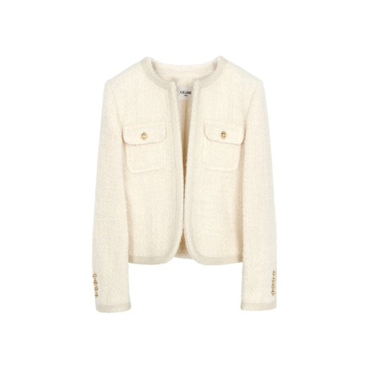 (W) Celine Chelsea Wool Tweed Jacket Vanilla