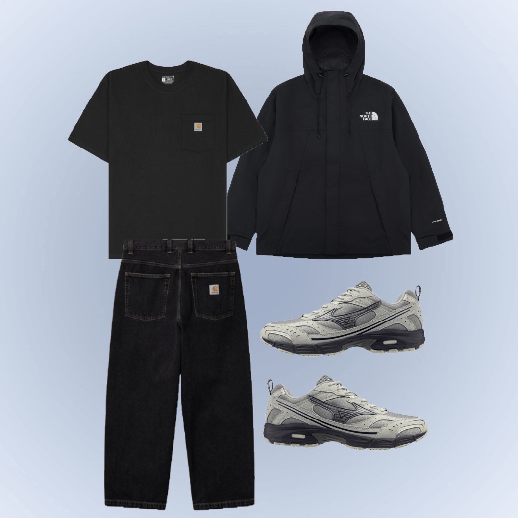 Carhartt Loose Fit Heavyweight Regular Short Sleeve Pocket T-Shirt Black, The North Face Hi Mountain Jacket Black 착용 스타일