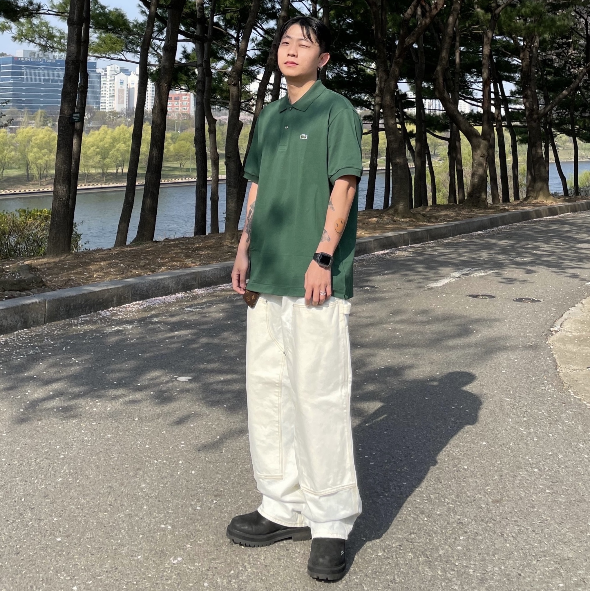 Lacoste Original L.12.12 Pique Polo Shirt Green 착용 스타일 - 1