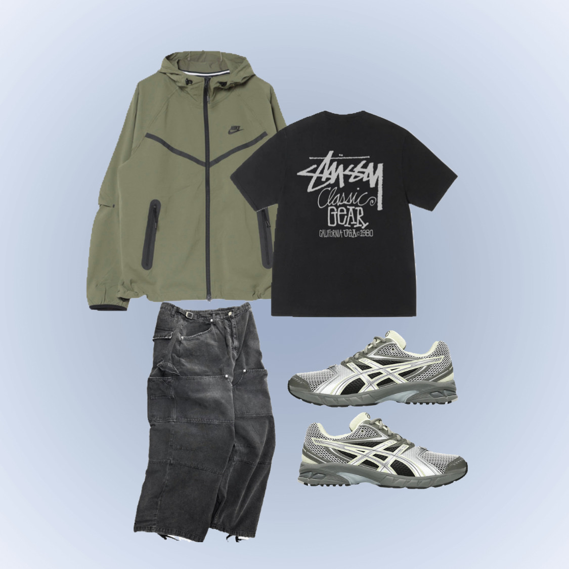 Nike Tech Windrunner Woven Full Zip Jacket Medium Olive Black - Asia, Stussy Pigment Dyed Classic Gear T-Shirt Black 착용 스타일