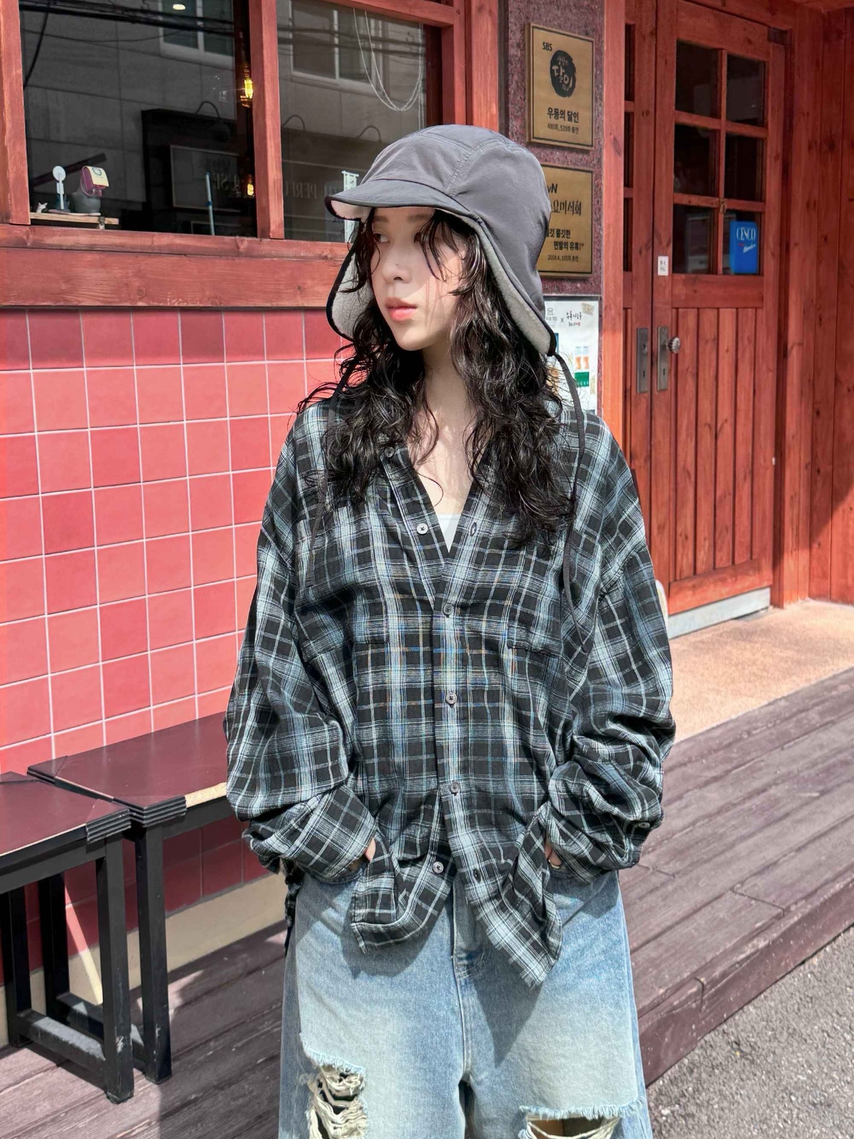 NOMANUAL O.D Check Shirt Black 착용 스타일 - 1