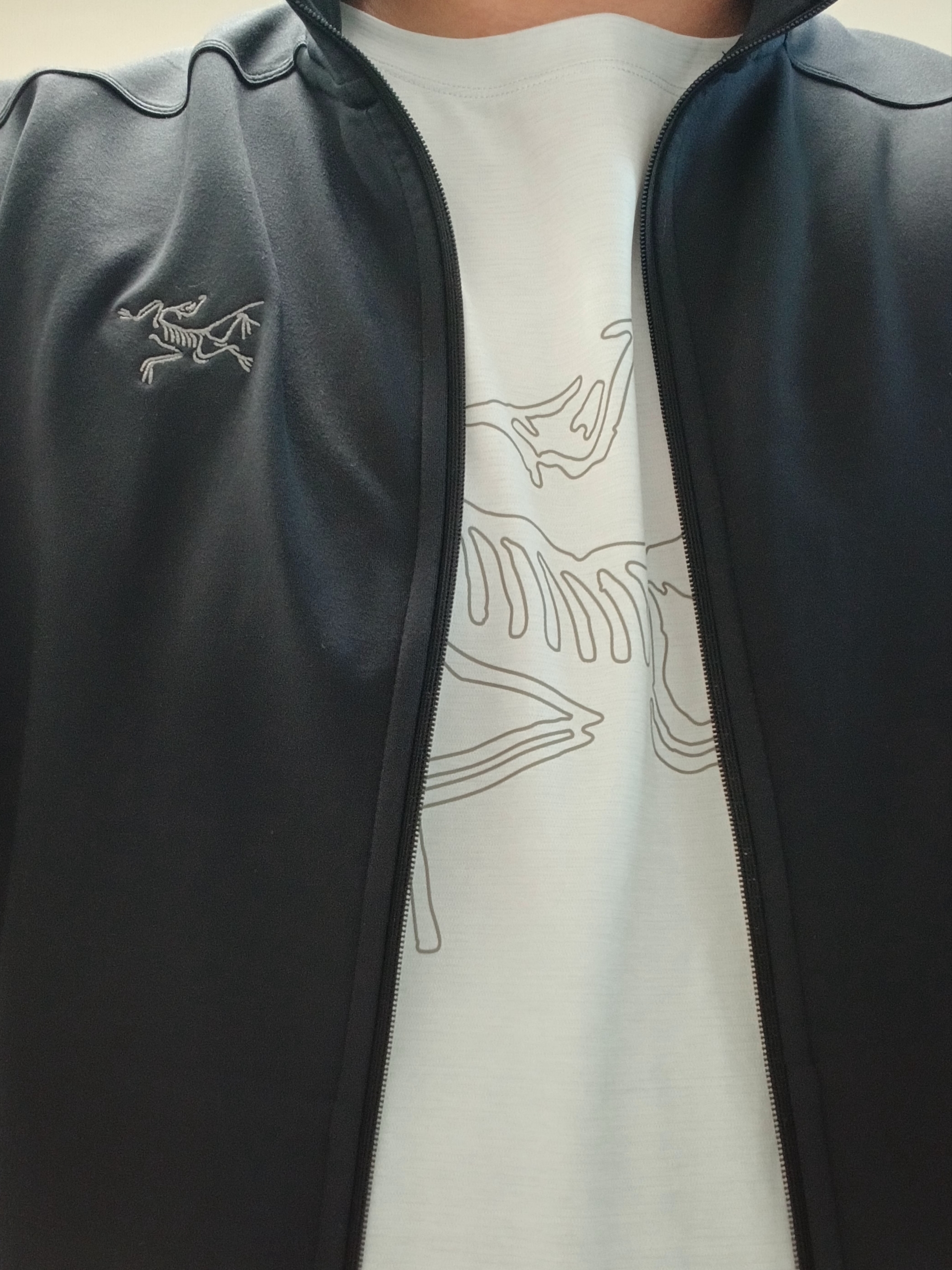 Arc'teryx Cormac Logo SS T-Shirt Atmos Heather, Arc'teryx Kyanite Lightweight Jacket Black 착용 스타일 - 9