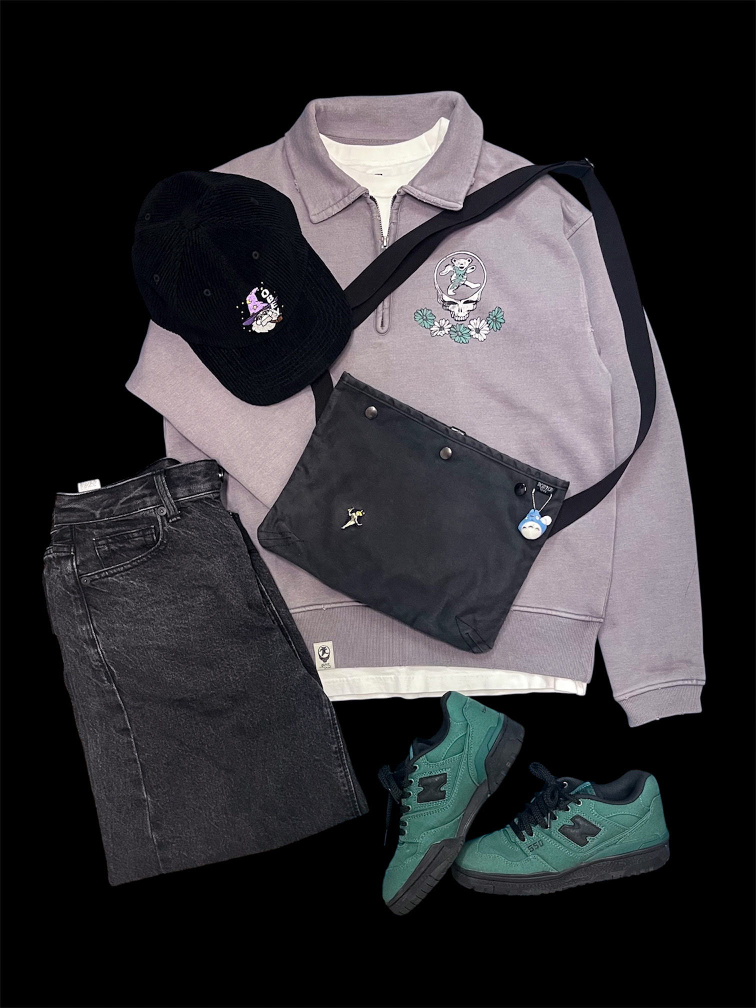 Thisisneverthat x Grateful Dead SYF Half Zip Polo Sweatshirt Purple, New Balance x Thisisneverthat 550 Green Black 착용 스타일