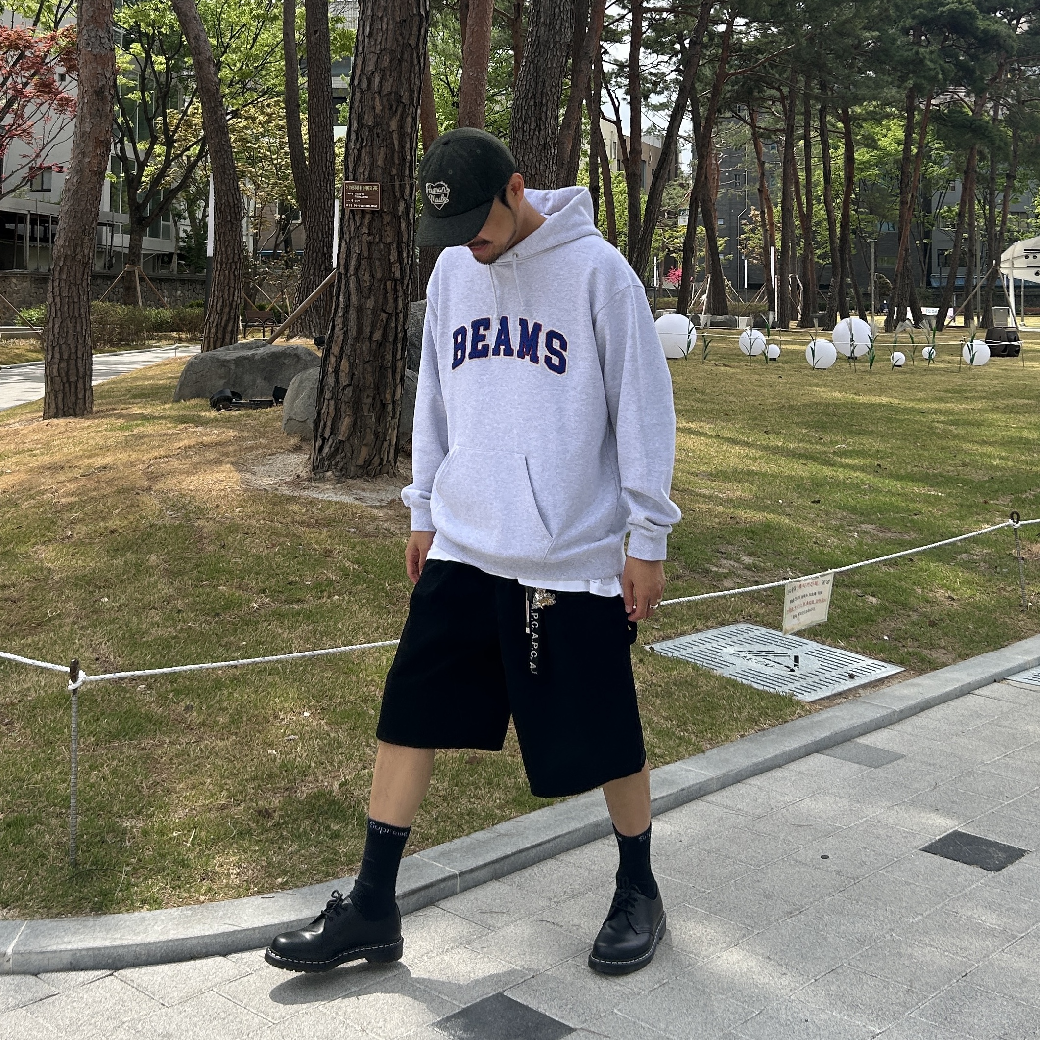 Human Made 6-Panel Wool Cap Green, Beams Basic Hoodie Ash Grey 착용 스타일