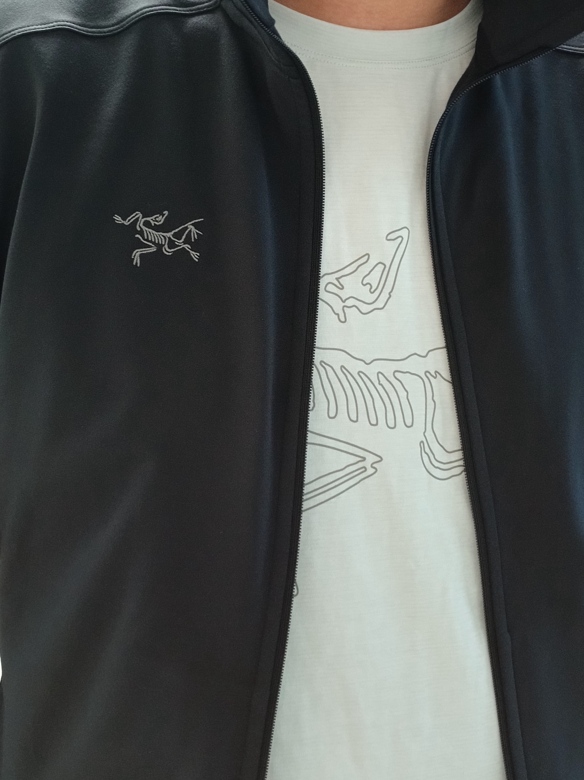 Arc'teryx Cormac Logo SS T-Shirt Atmos Heather, Arc'teryx Kyanite Lightweight Jacket Black 착용 스타일 - 7