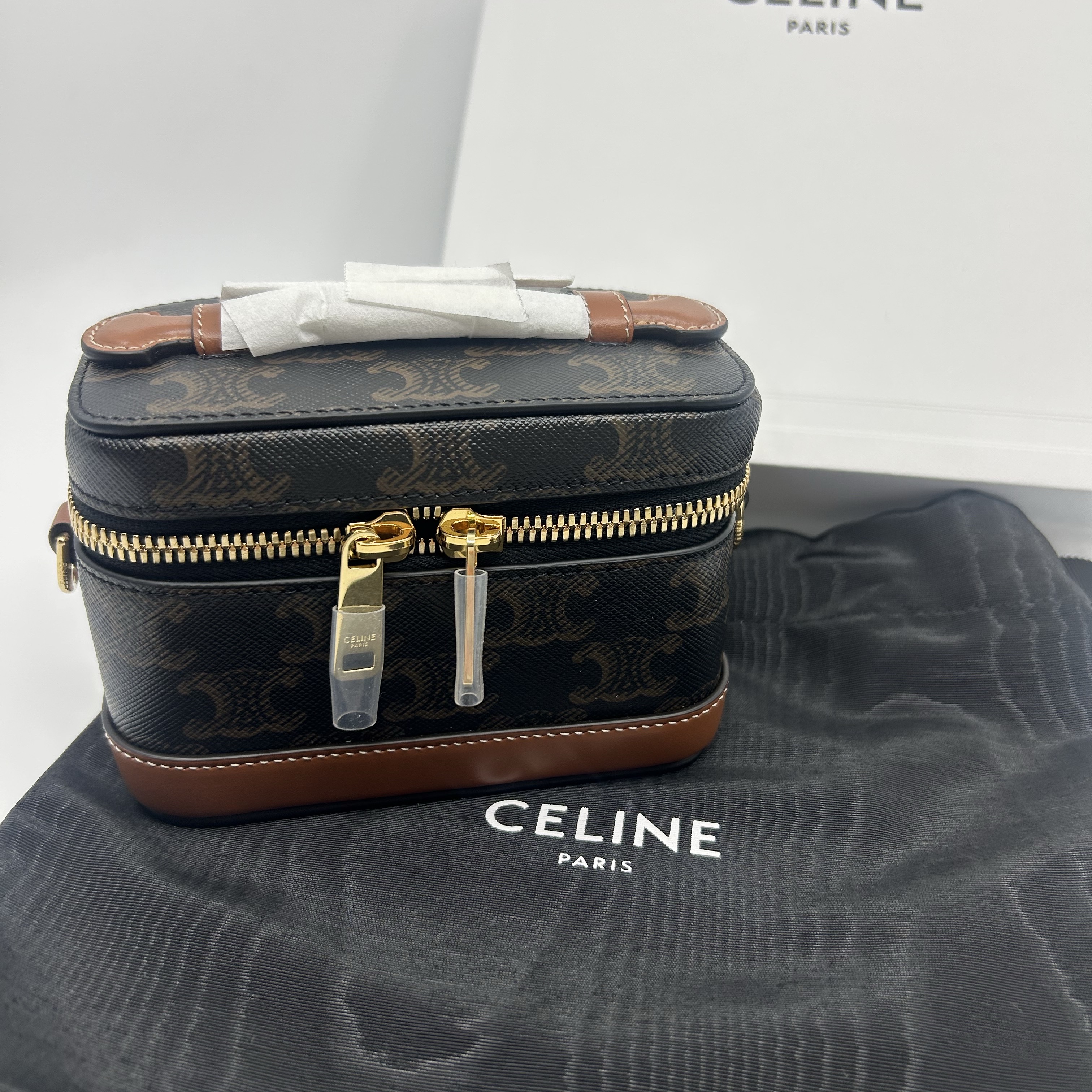 Celine Mini Vanity Bag in Triomphe Canvas and Calfskin Tan 착용 스타일 - 4