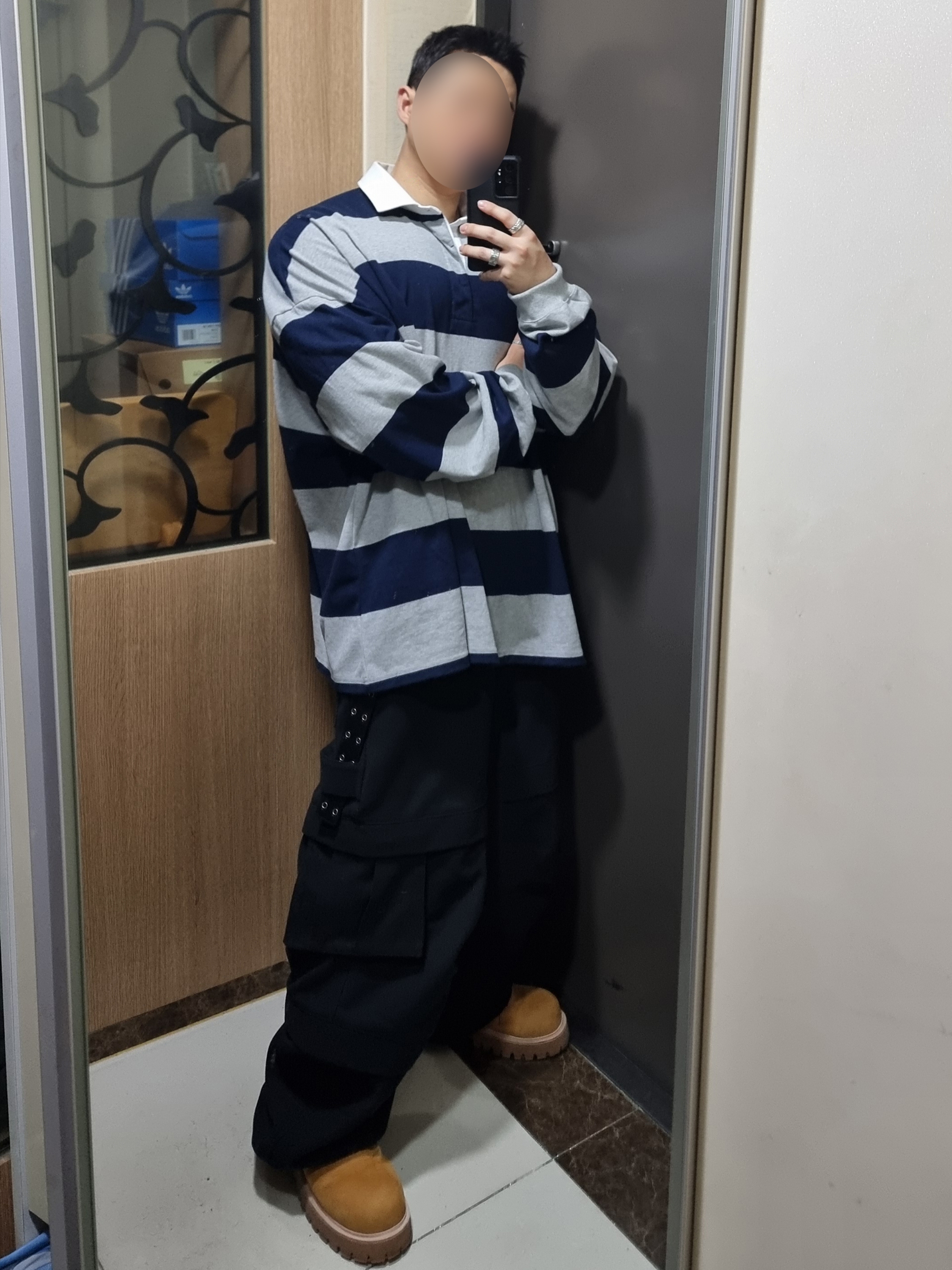 MJD Oversized Stripe Rugby Shirt M.Grey, Kinchi x My Name Is Peter Boots - 888 (a) Yellow 착용 스타일 - 3