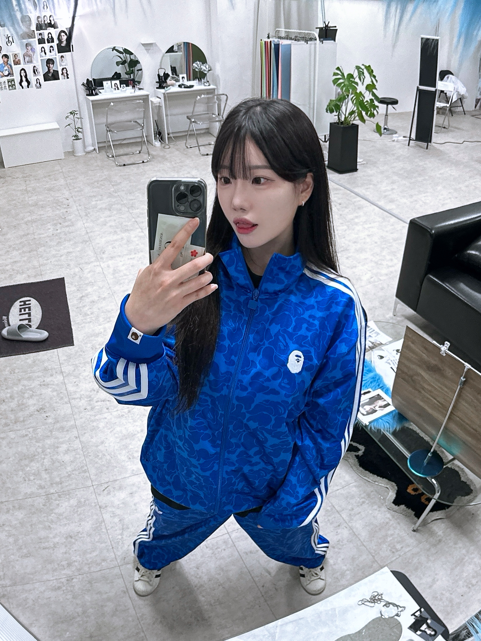 Adidas x BAPE Allover Print Track Top Blue - KR Sizing, Adidas x BAPE Firebird Track Pants Blue - KR Sizing 착용 스타일 - 2