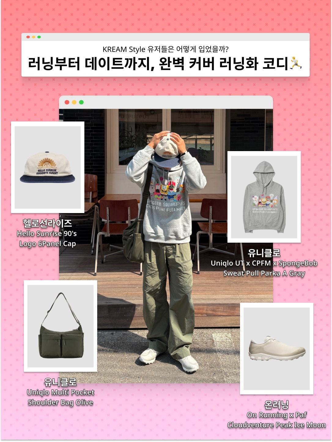 헬로선라이즈 90s 로고 6패널 캡 베이지 & 네이비, 유니클로 UT x CPFM x 스폰지밥 스웨트 풀 파카 A 그레이 착용 스타일 - 1