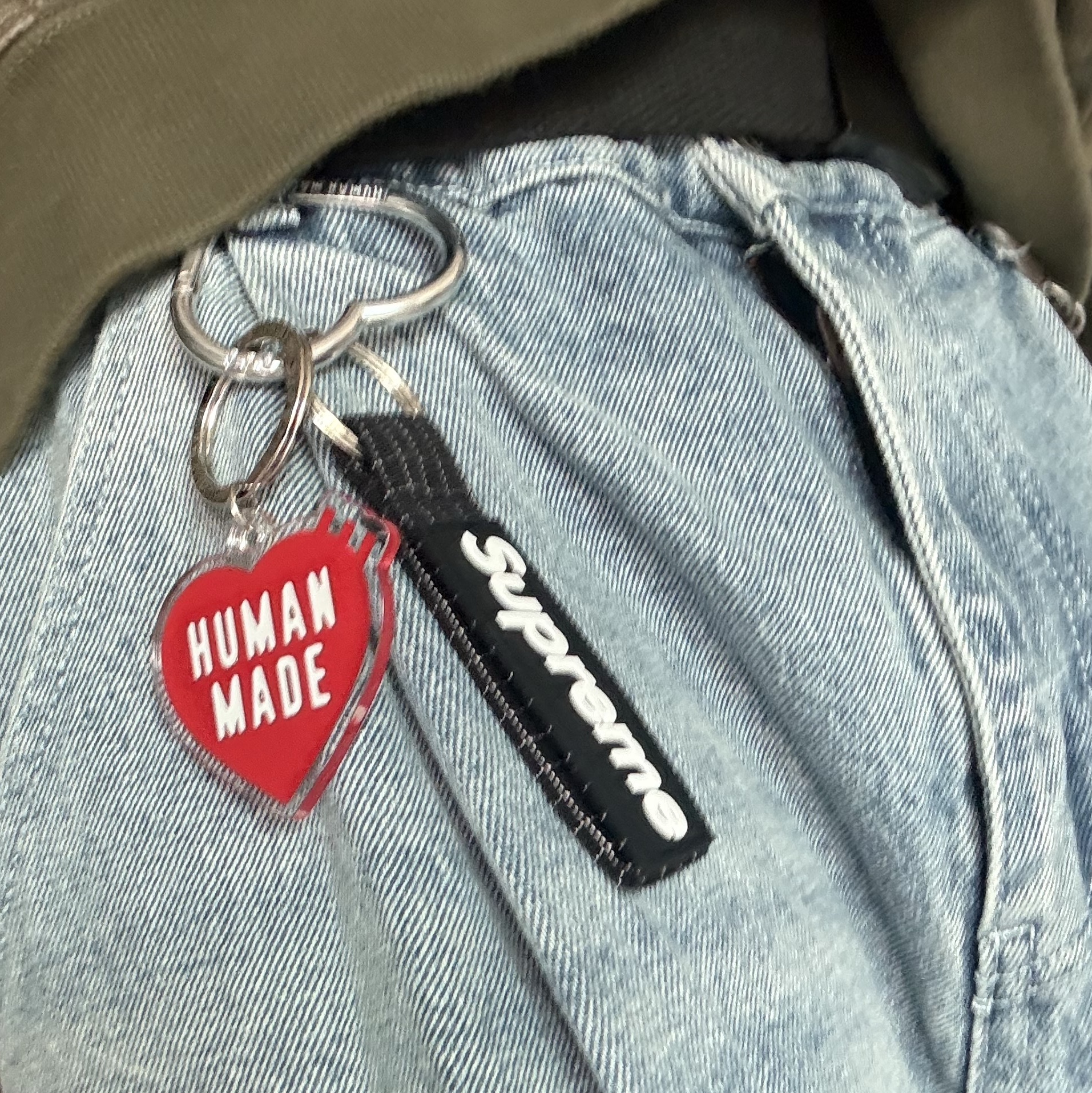 Human Made Heart Keyring Red, Supreme Ripstop Keychain Black - 24SS 착용 스타일 - 2