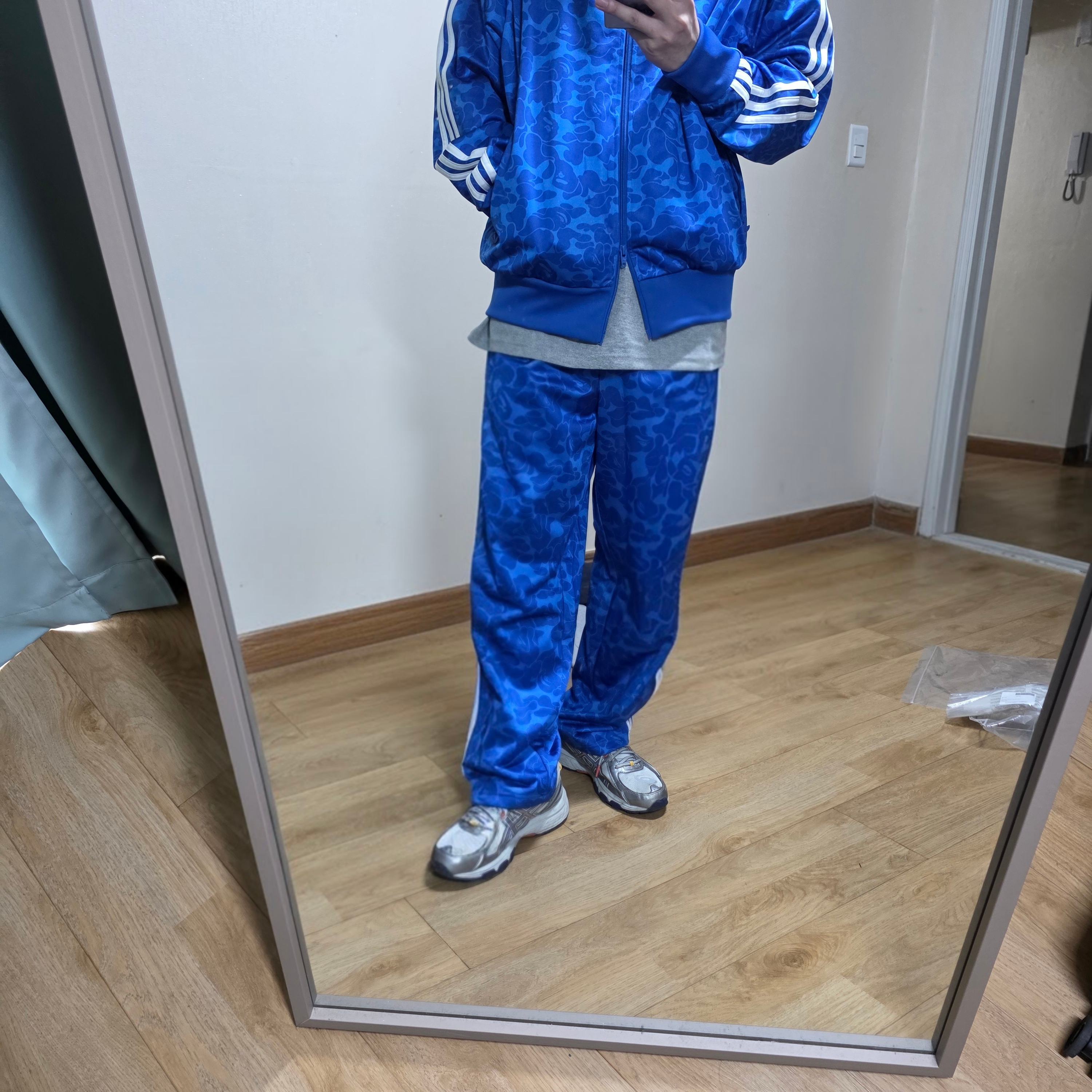 Adidas x BAPE Allover Print Track Top Blue - KR Sizing, Adidas x BAPE Firebird Track Pants Blue - KR Sizing 착용 스타일
