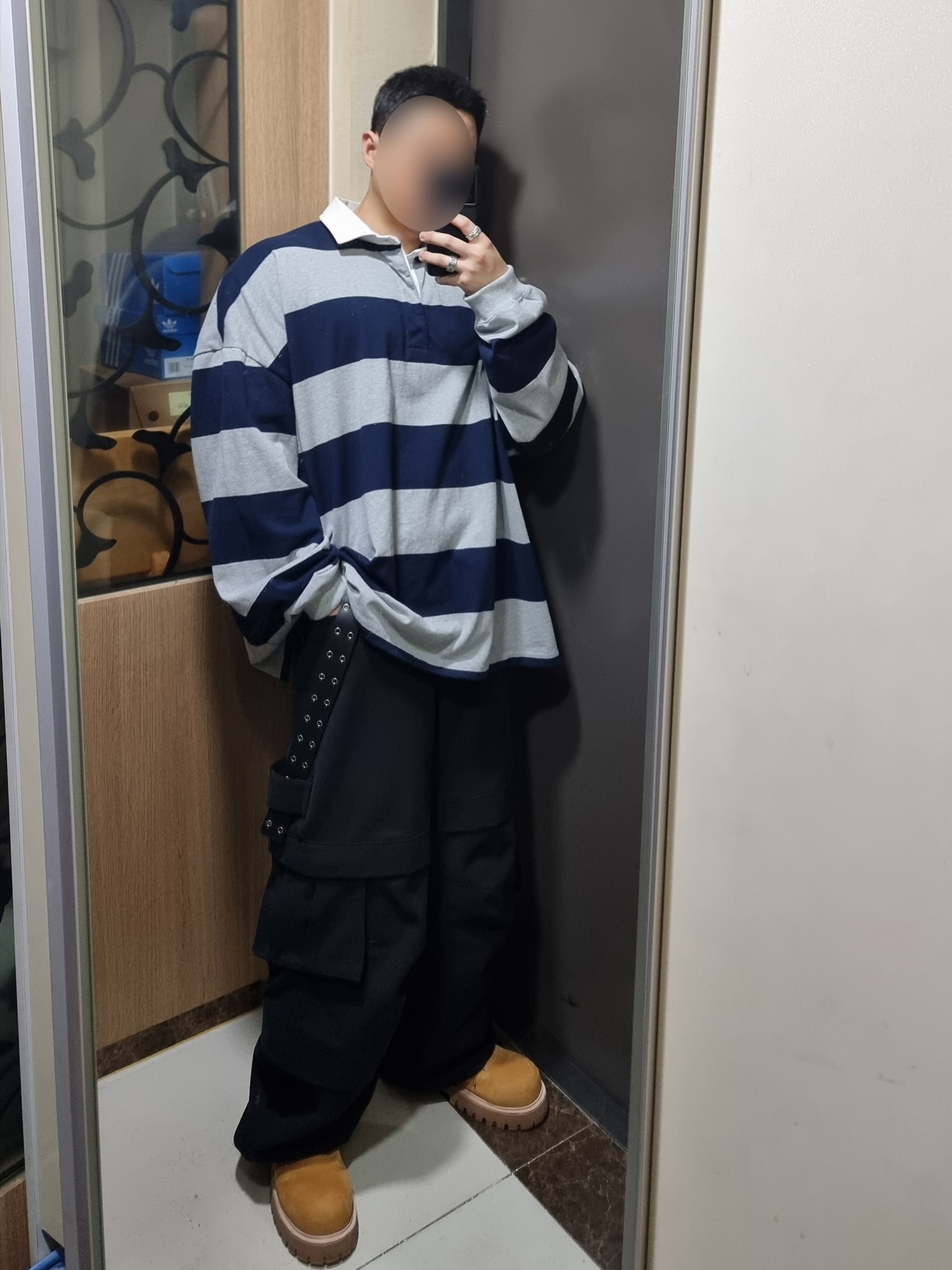 MJD Oversized Stripe Rugby Shirt M.Grey, Kinchi x My Name Is Peter Boots - 888 (a) Yellow 착용 스타일 - 1