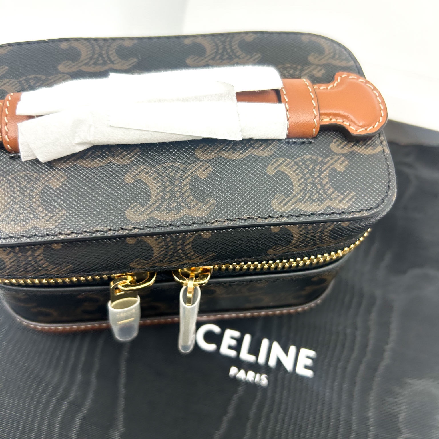 Celine Mini Vanity Bag in Triomphe Canvas and Calfskin Tan 착용 스타일 - 3