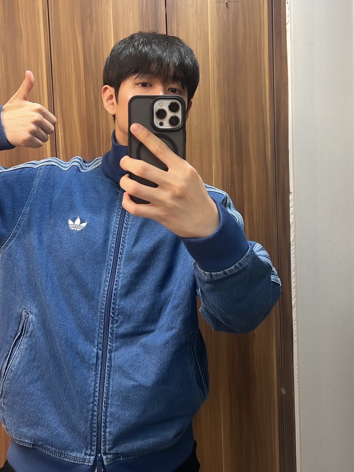 Adidas Adicolor Denim Firebird Track Top Medium Blue Denim - KR Sizing 착용 스타일 - 2