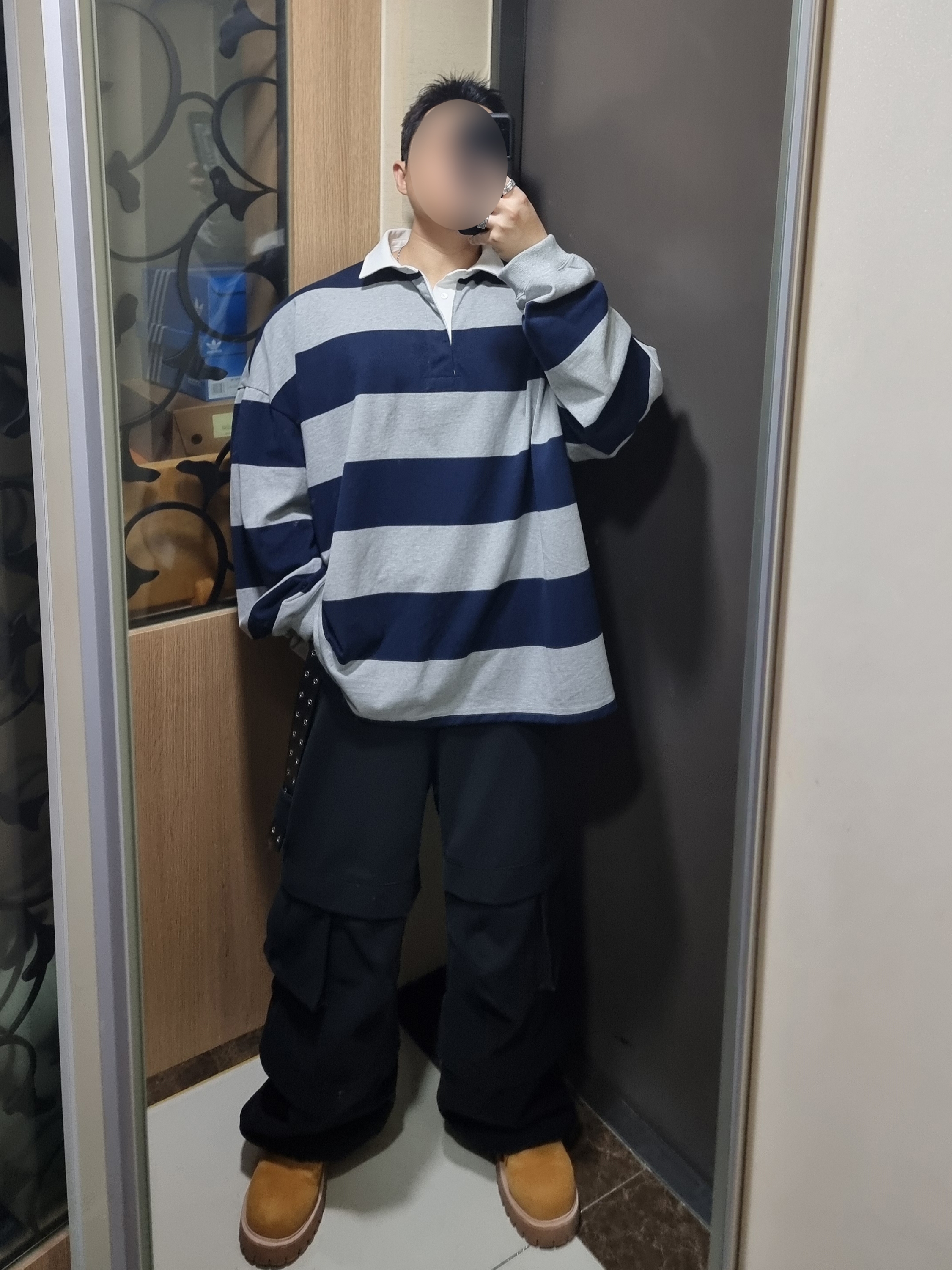 MJD Oversized Stripe Rugby Shirt M.Grey, Kinchi x My Name Is Peter Boots - 888 (a) Yellow 착용 스타일 - 2