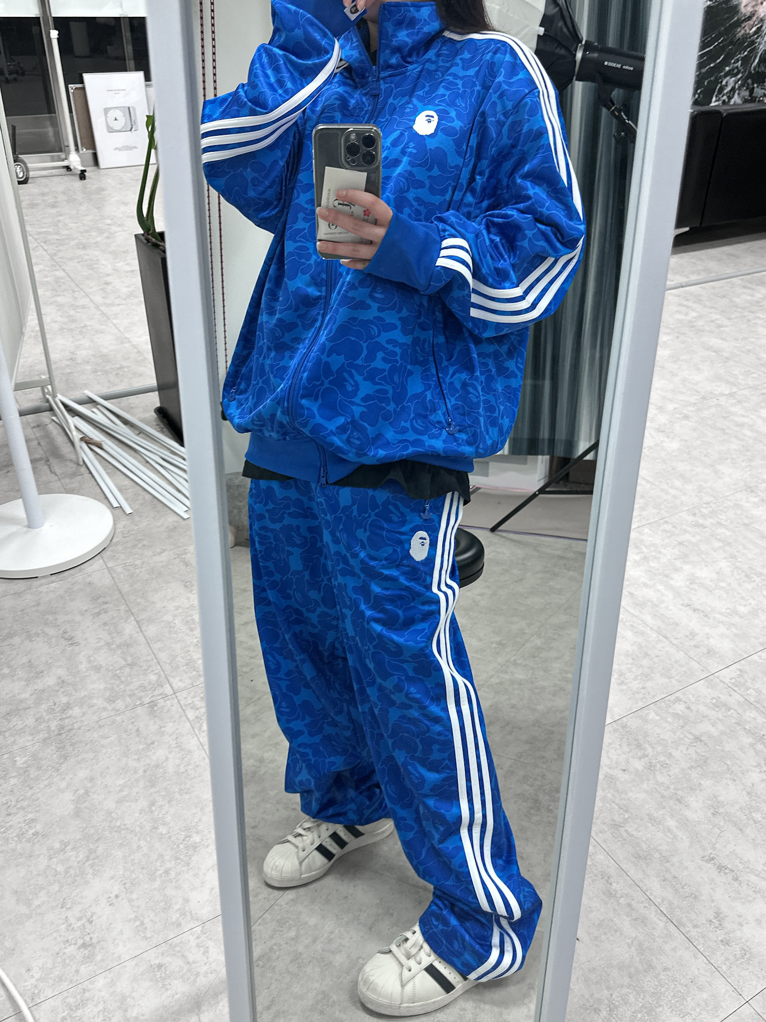 Adidas x BAPE Allover Print Track Top Blue - KR Sizing, Adidas x BAPE Firebird Track Pants Blue - KR Sizing 착용 스타일 - 1