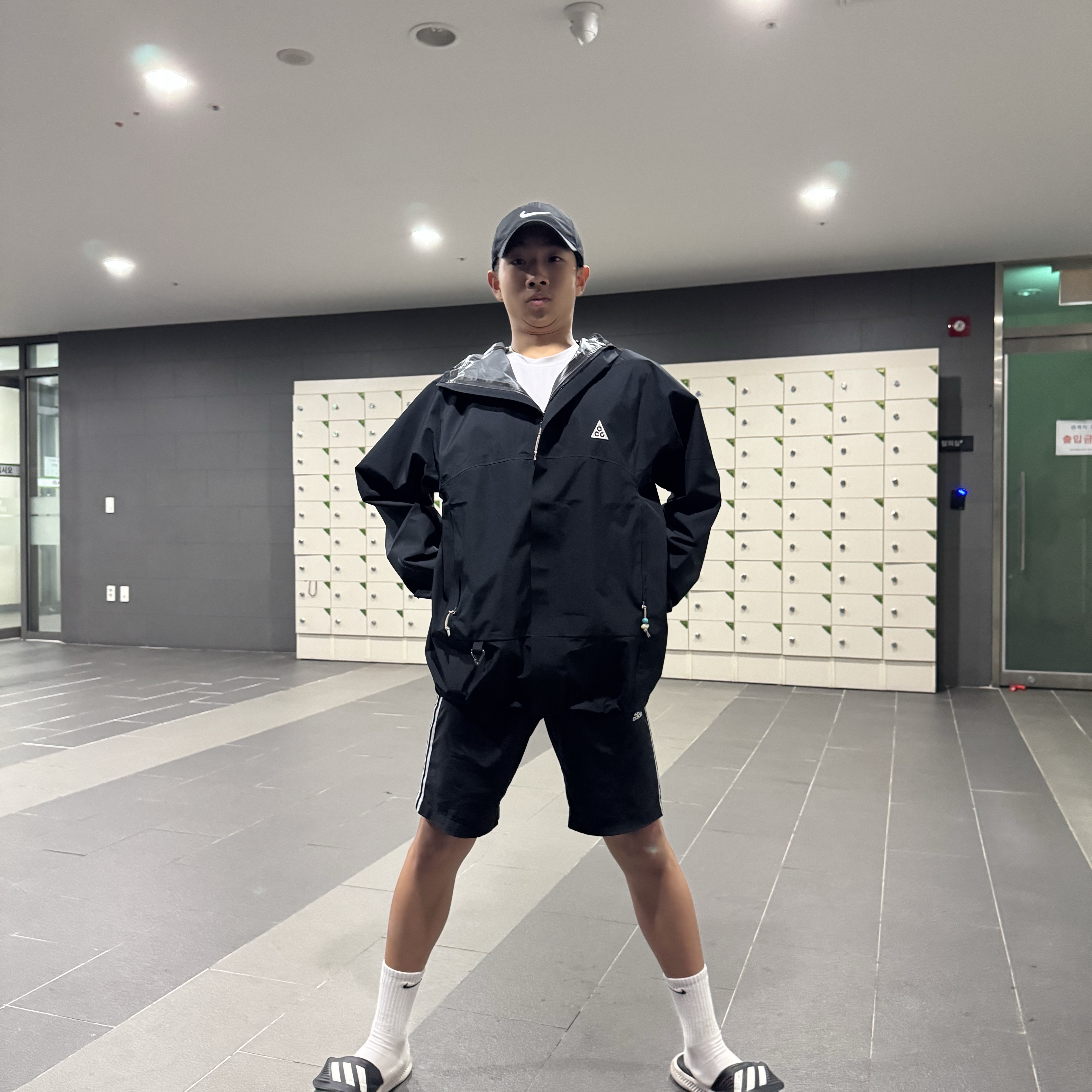 Nike ACG Storm-Fit ADV Cascade Rains Full Zip Jacket Black - Asia, Adidas Essential French Terry 3S Shorts Black - KR Sizing 착용 스타일